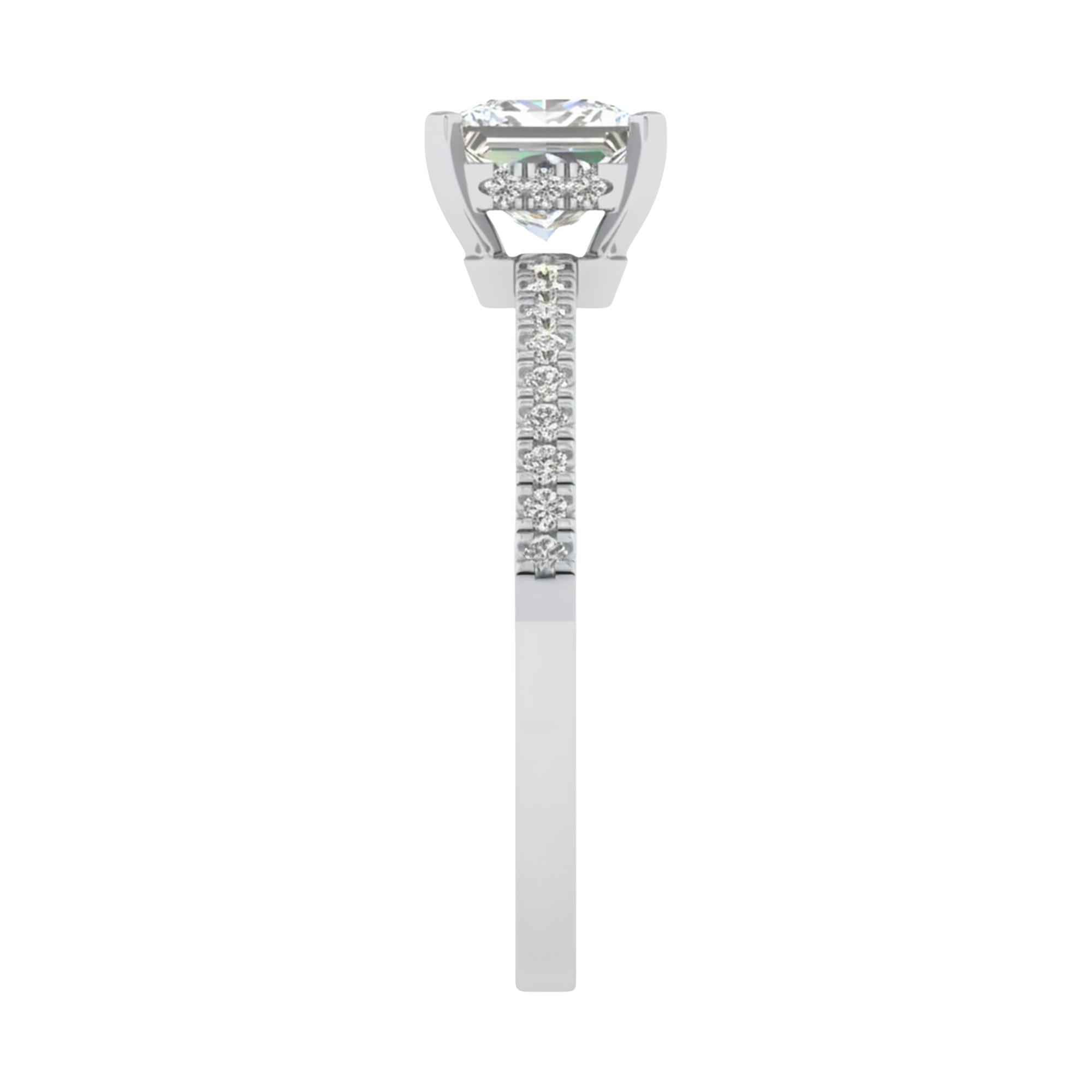 Princess 1.25 karaat solitair met dubbele hidden halo en pavé‑band