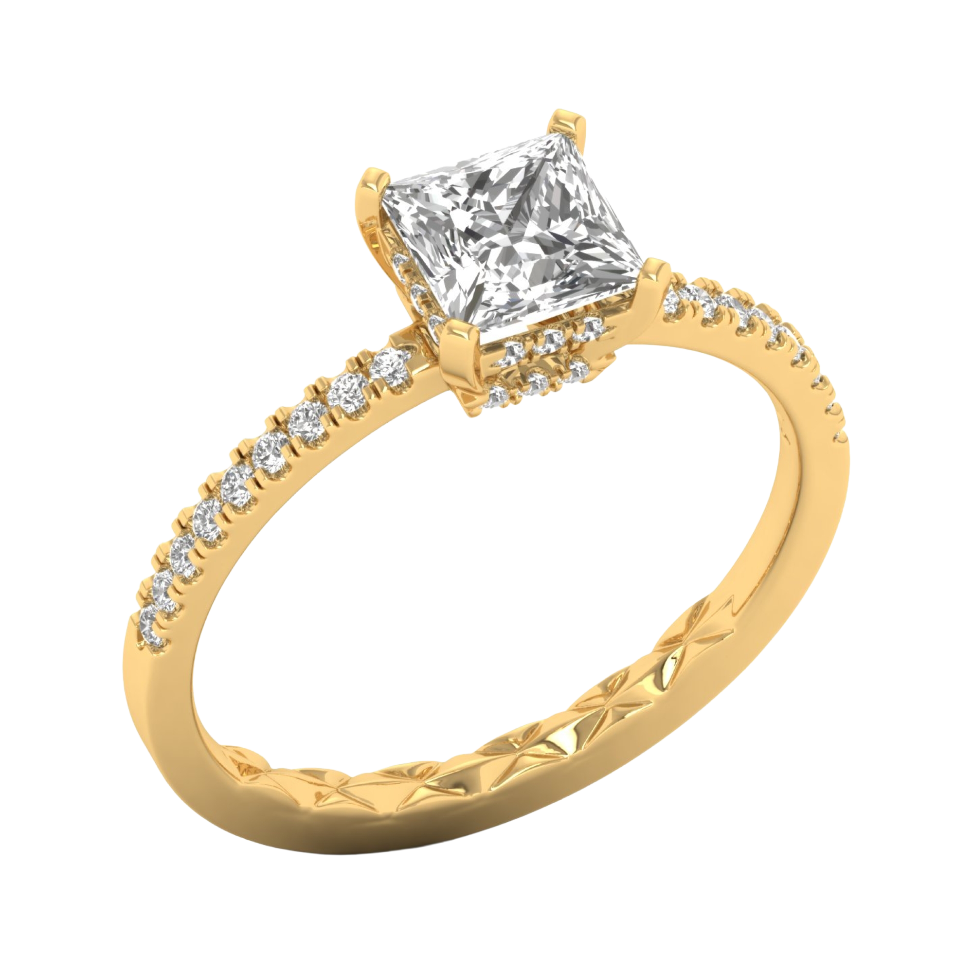 Princess 1.25 karaat solitair met dubbele hidden halo en pavé‑band