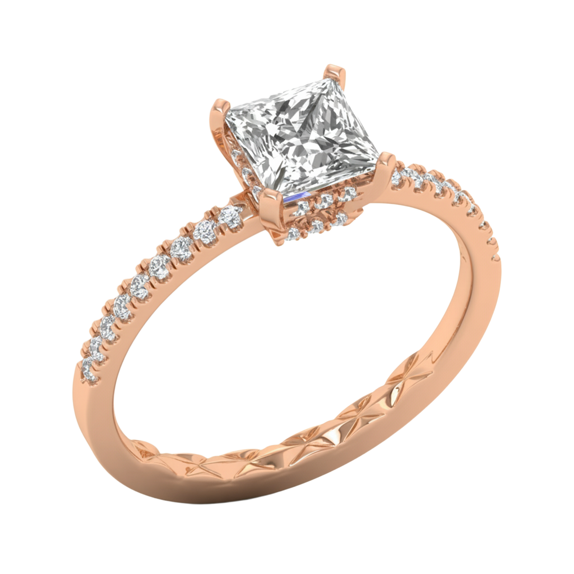 Princess 1.25 karaat solitair met dubbele hidden halo en pavé‑band