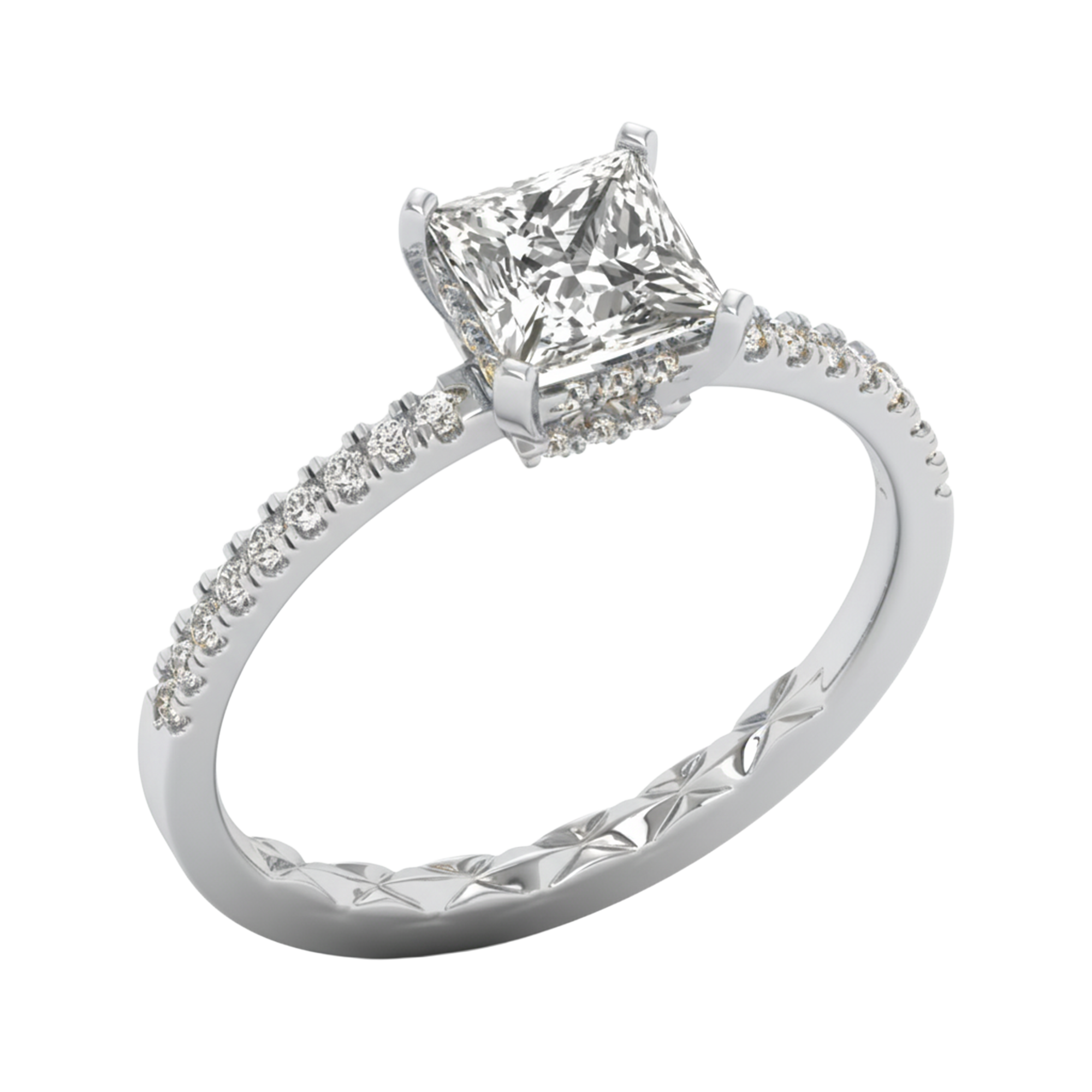 Princess 1.25 karaat solitair met dubbele hidden halo en pavé‑band