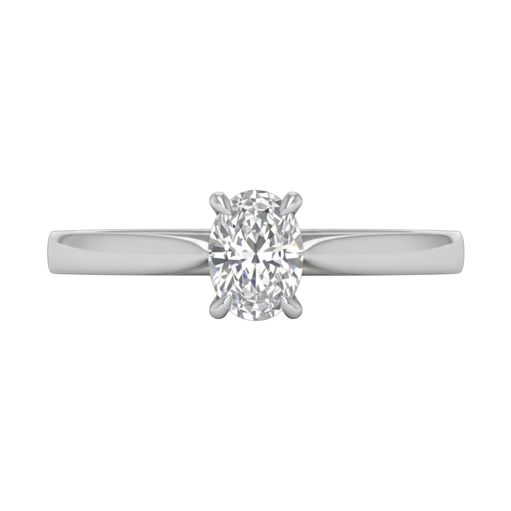 Ovale Solitaire Ring met 4‑Poots Zetting en Flat‑Rectangular Band 0,25–3 karaat