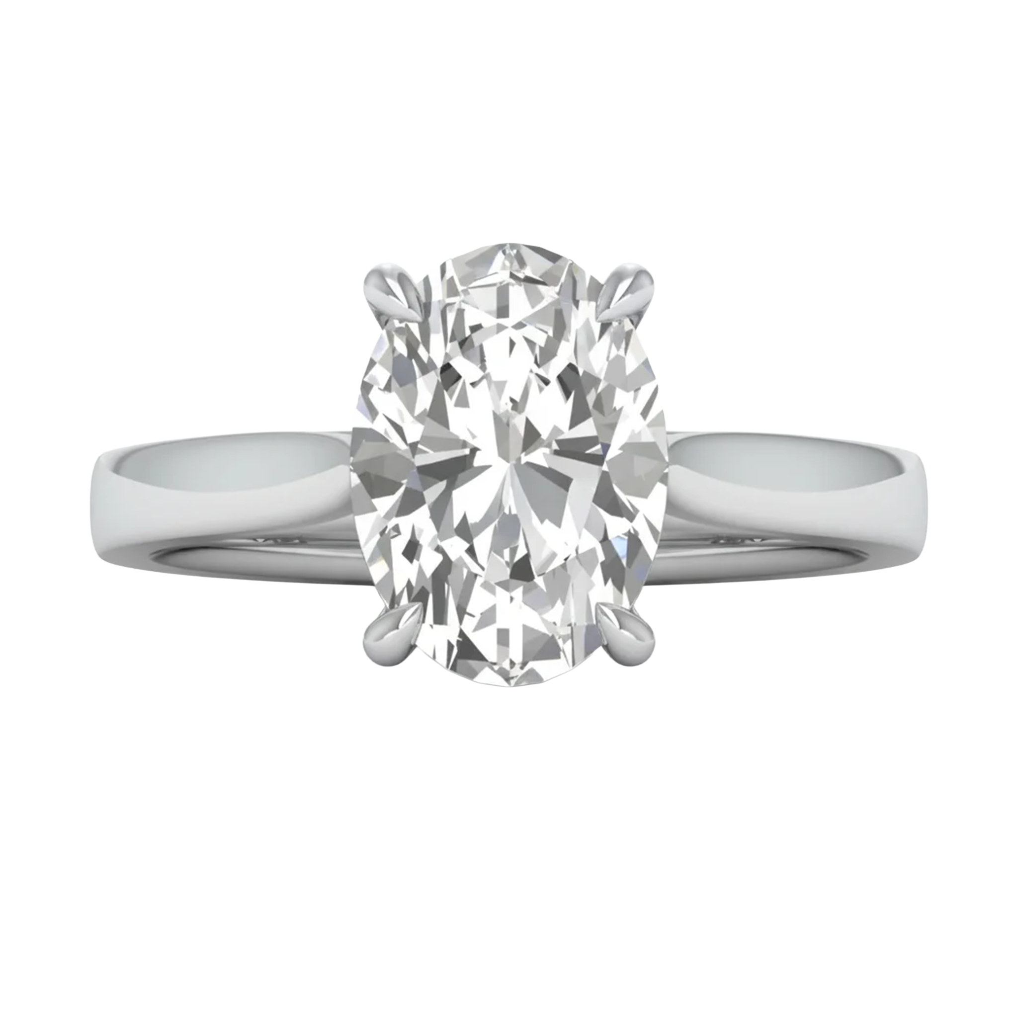 Ovale Solitaire Ring met 4‑Poots Zetting en Flat‑Rectangular Band 0,25–3 karaat