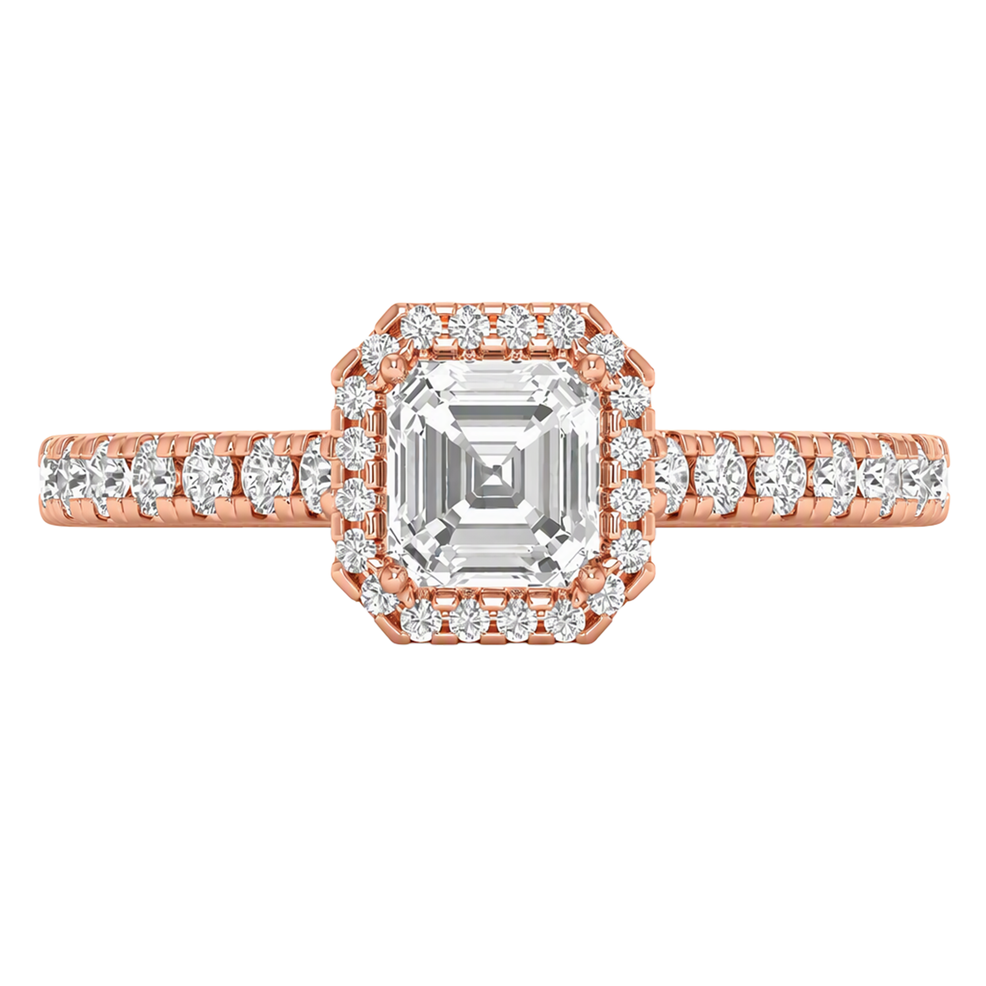 Asscher Halo Ring with Pavé Band 0.8–3.73 Carat
