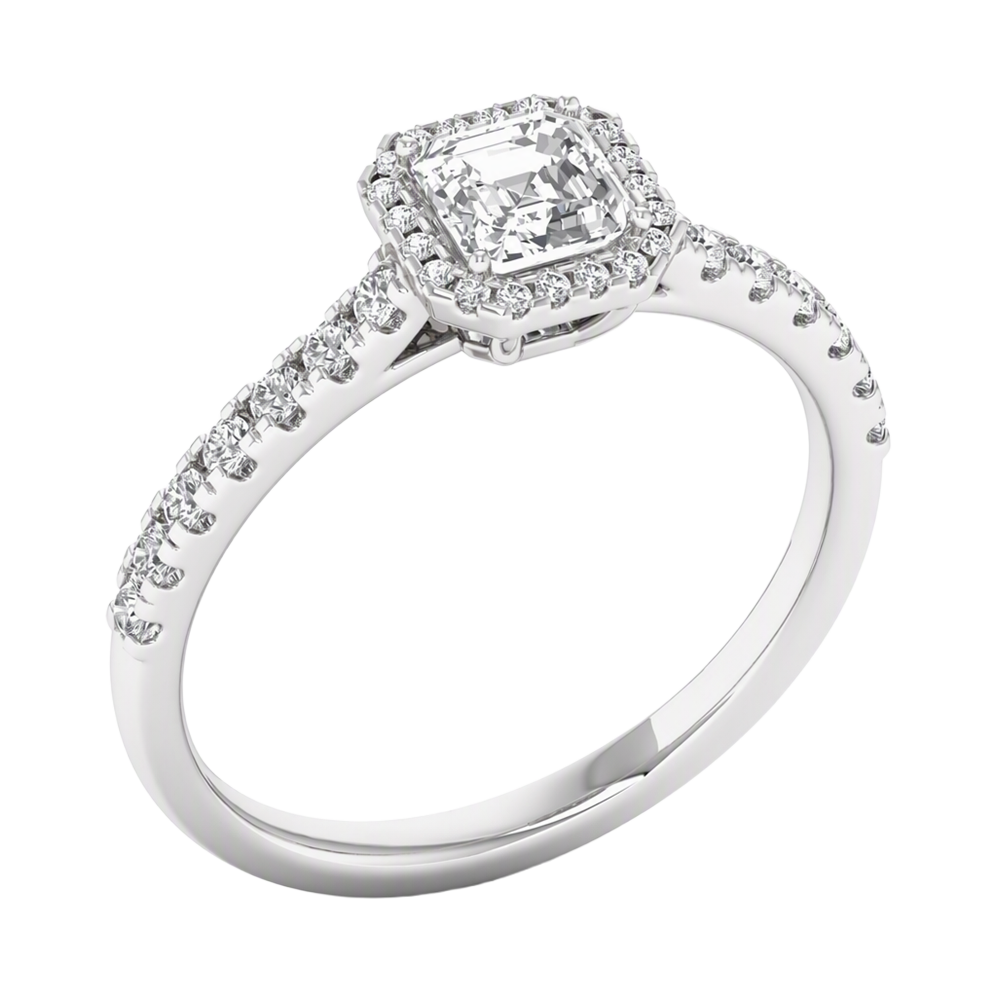 Asscher Halo Ring with Pavé Band 0.8–3.73 Carat