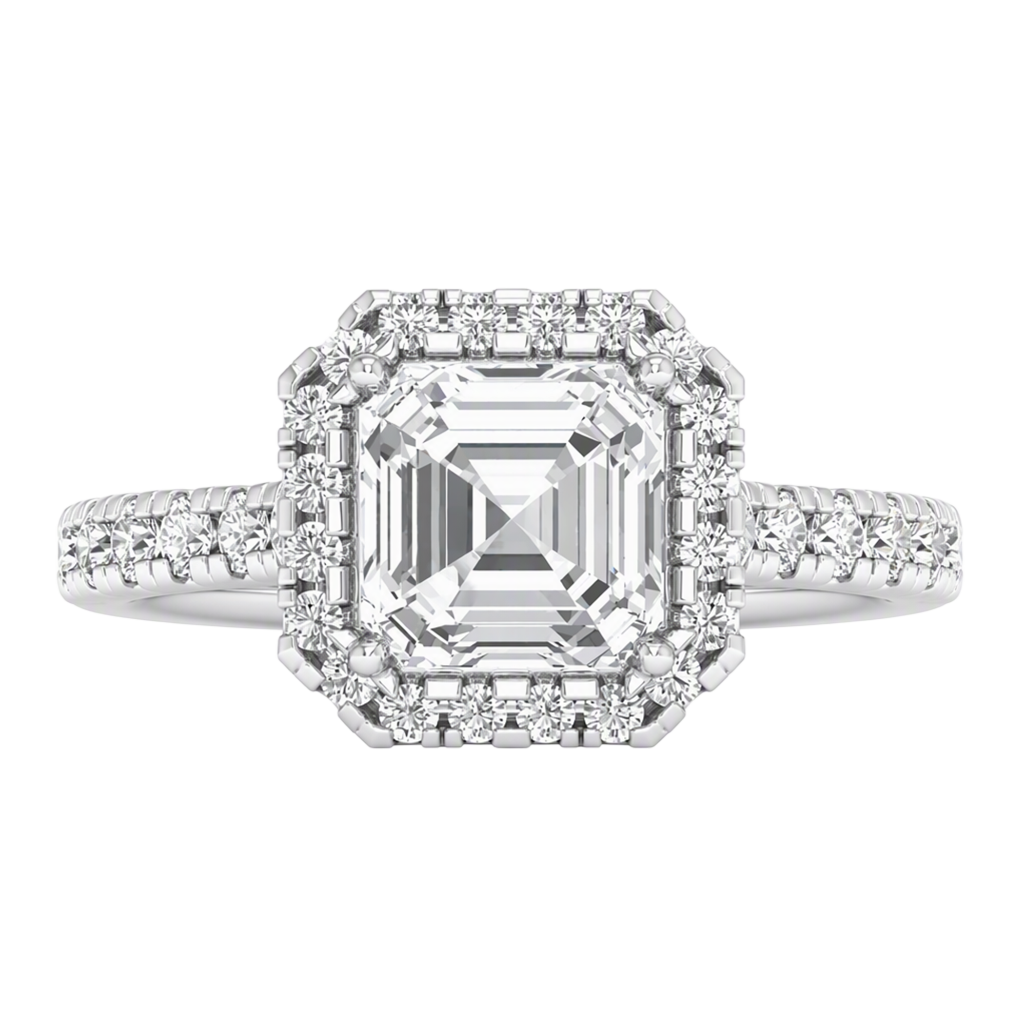 Asscher Halo Ring with Pavé Band 0.8–3.73 Carat
