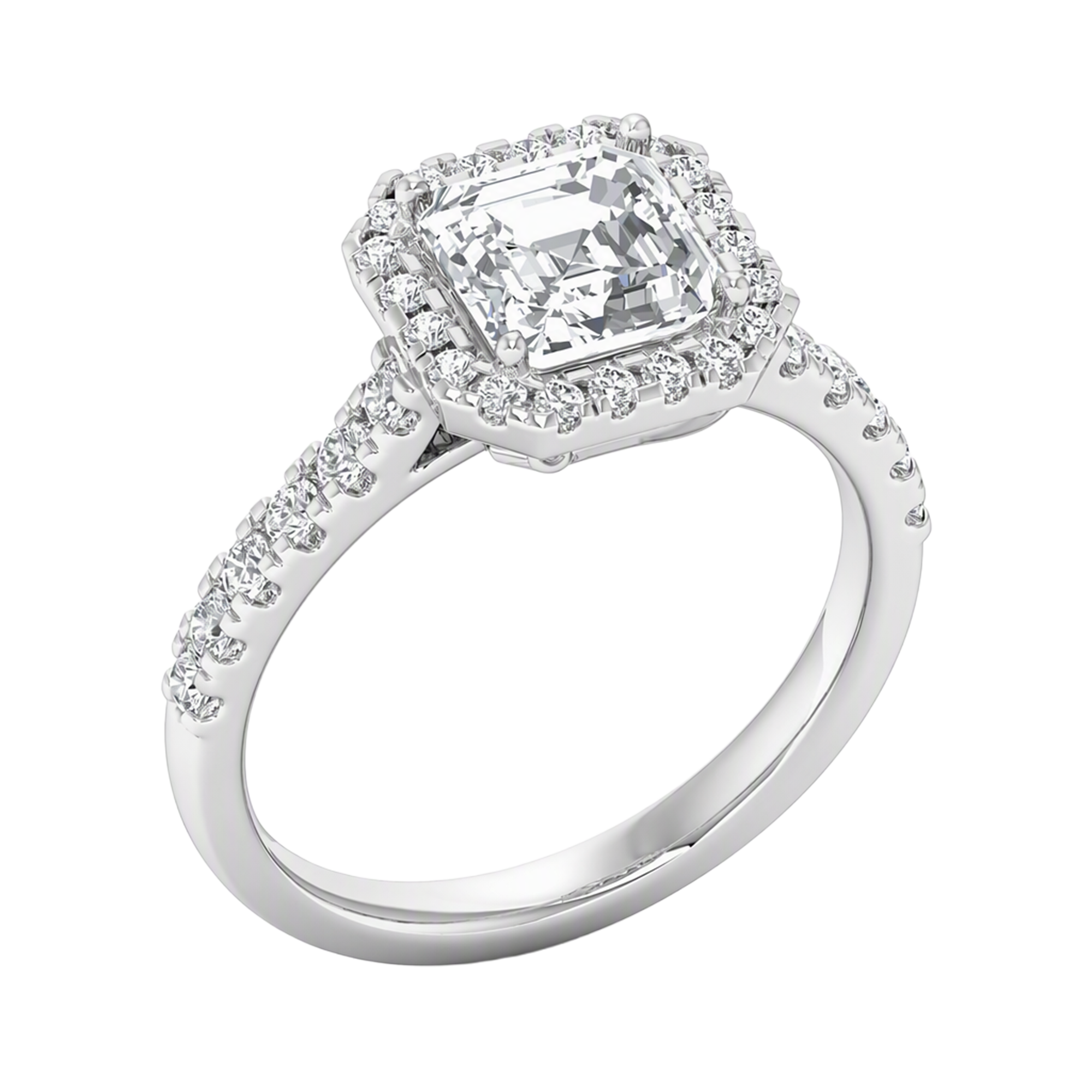 Asscher Halo Ring with Pavé Band 0.8–3.73 Carat