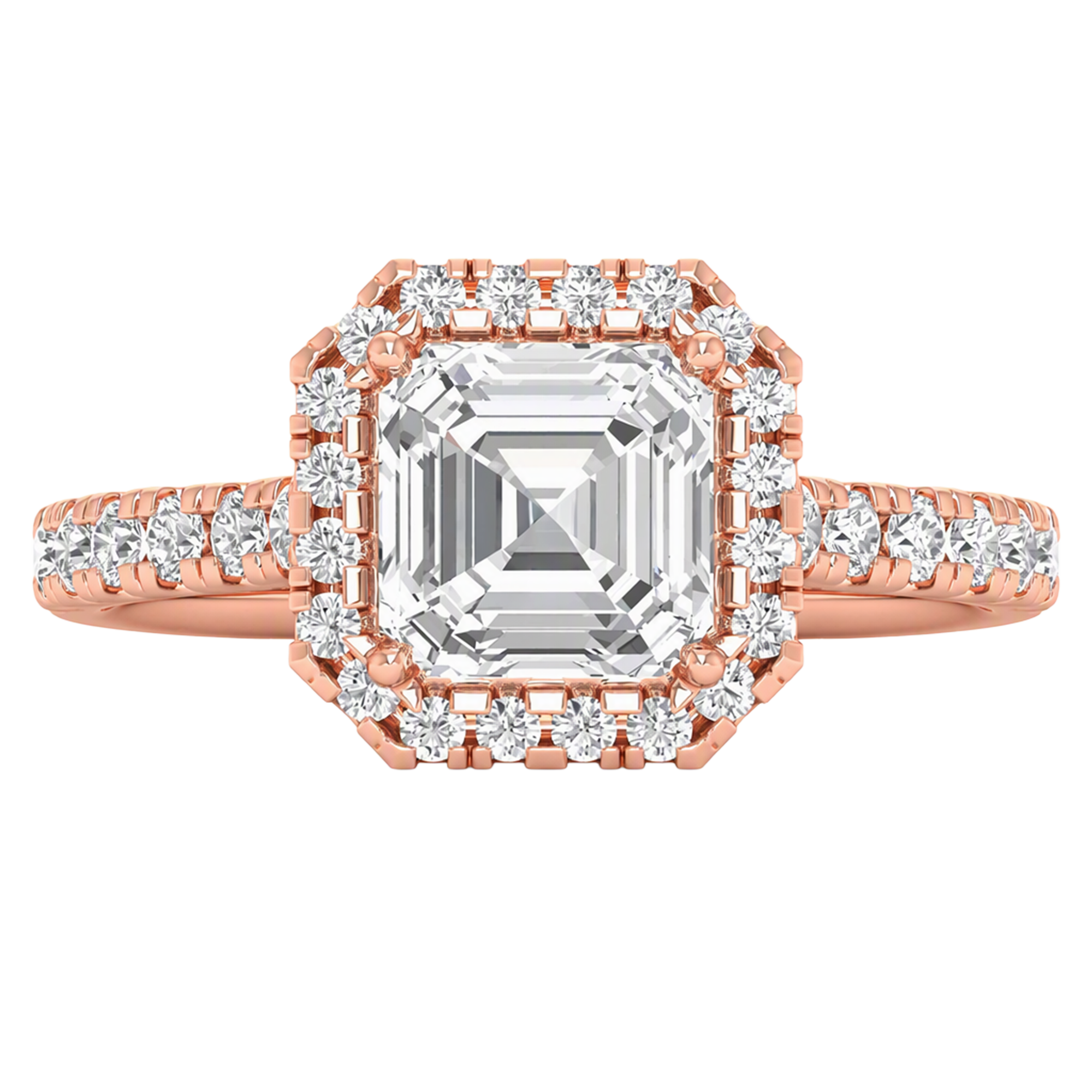 Asscher Halo Ring with Pavé Band 0.8–3.73 Carat