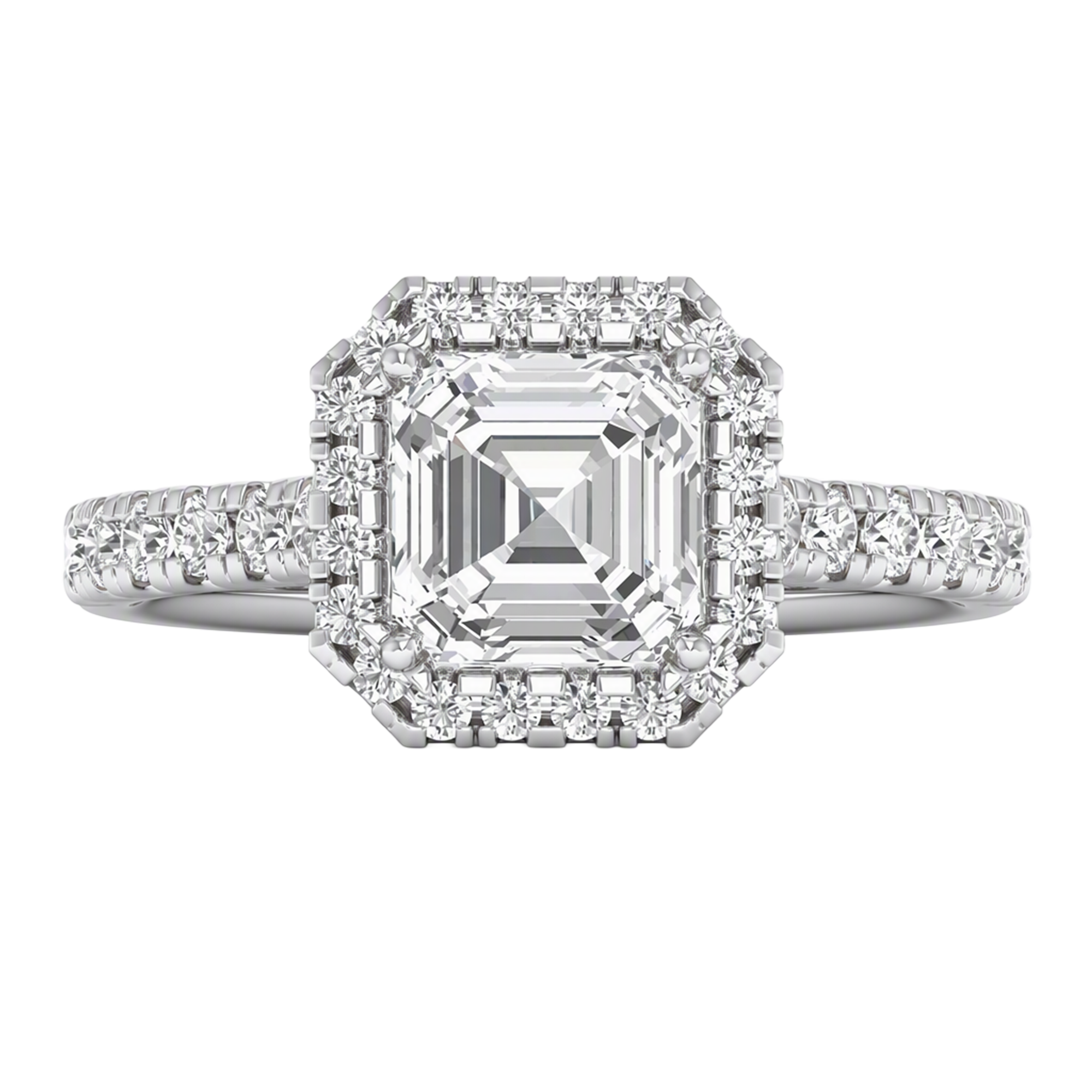 Asscher Halo Ring with Pavé Band 0.8–3.73 Carat