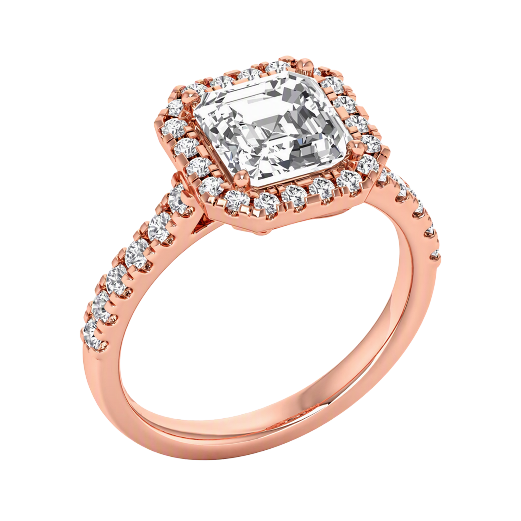 Asscher Halo Ring with Pavé Band 0.8–3.73 Carat