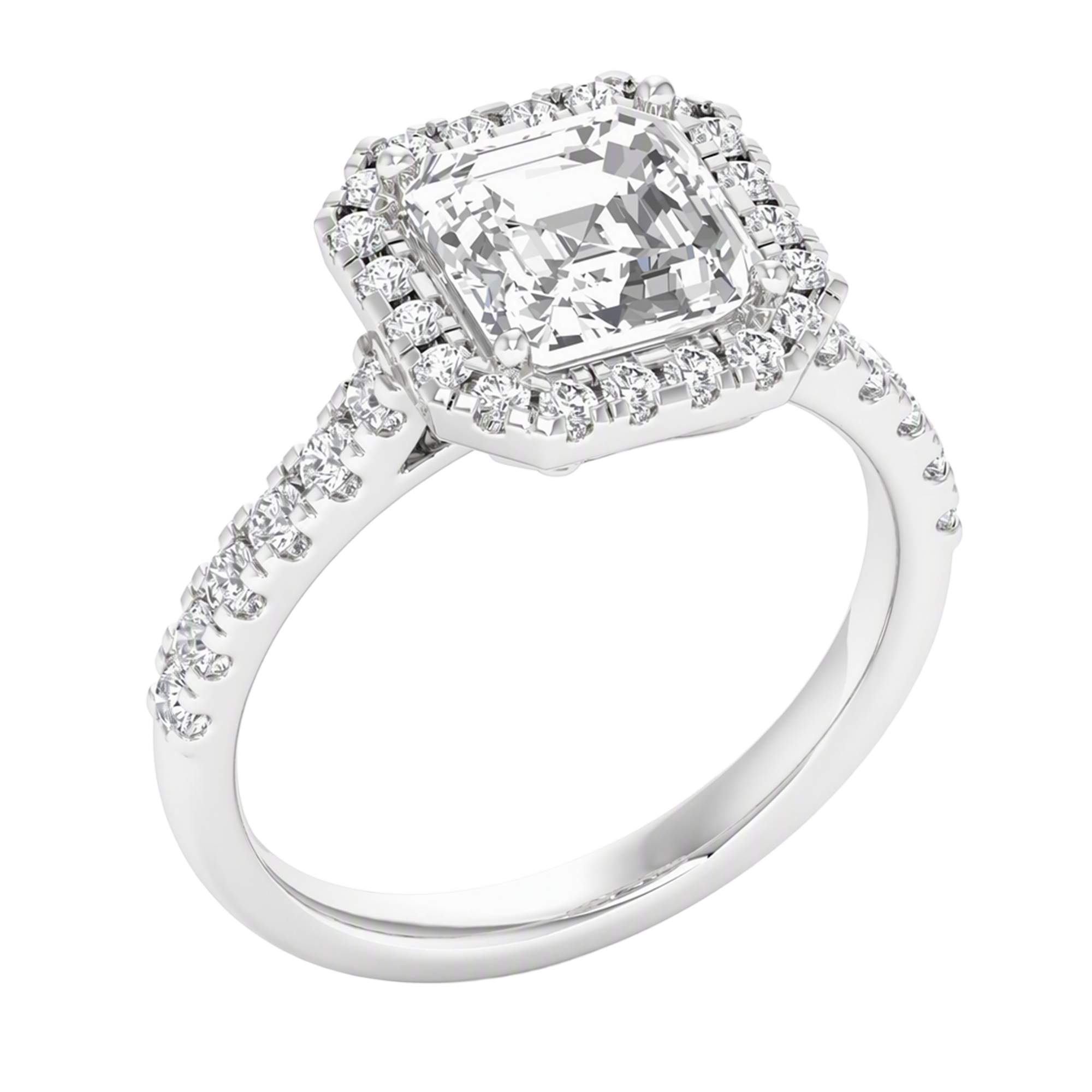 Asscher Halo Ring with Pavé Band 0.8–3.73 Carat