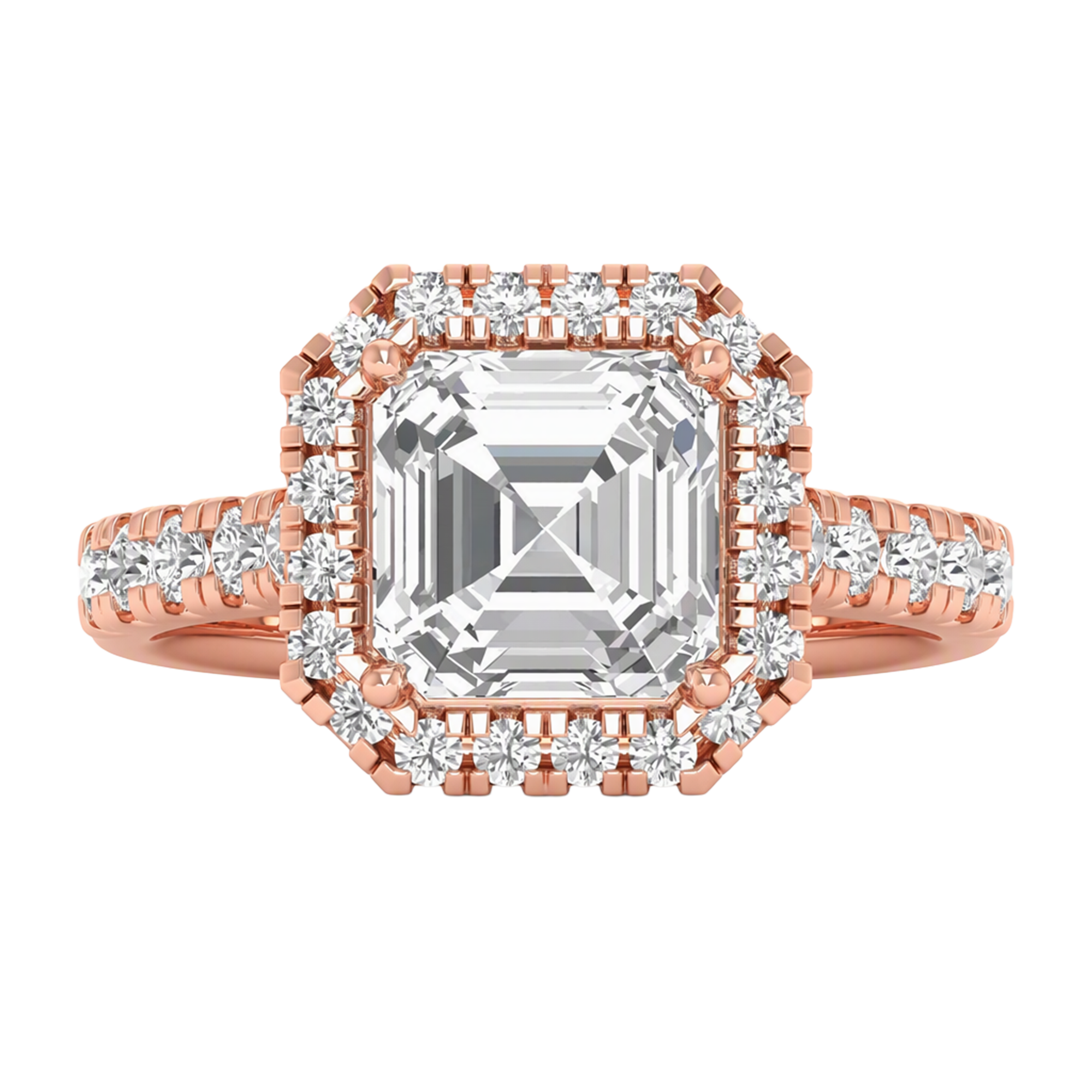 Asscher Halo Ring with Pavé Band 0.8–3.73 Carat