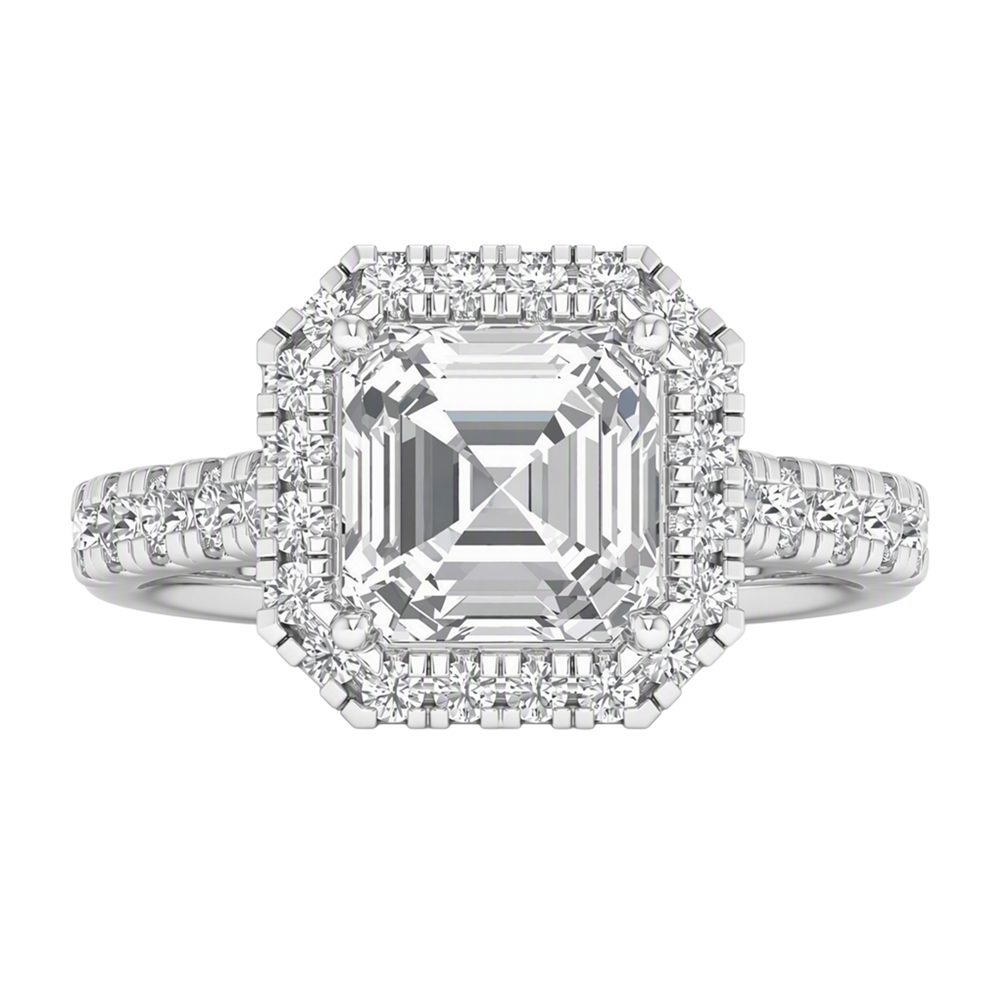 Asscher Halo Ring with Pavé Band 0.8–3.73 Carat