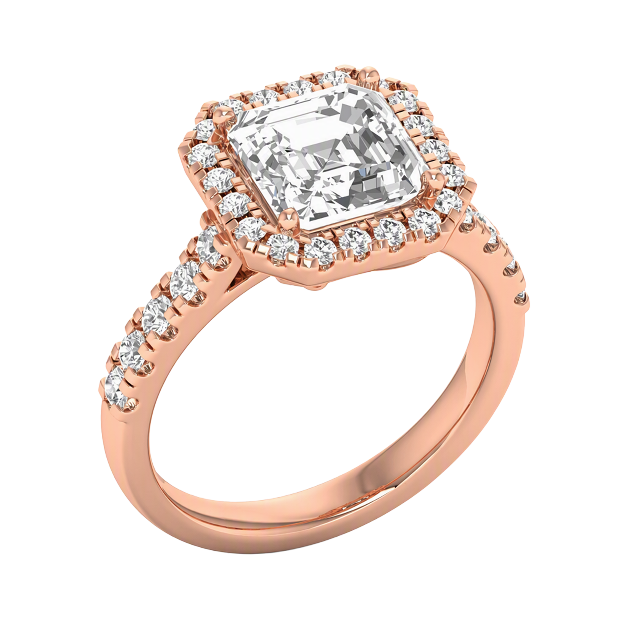 Asscher Halo Ring with Pavé Band 0.8–3.73 Carat
