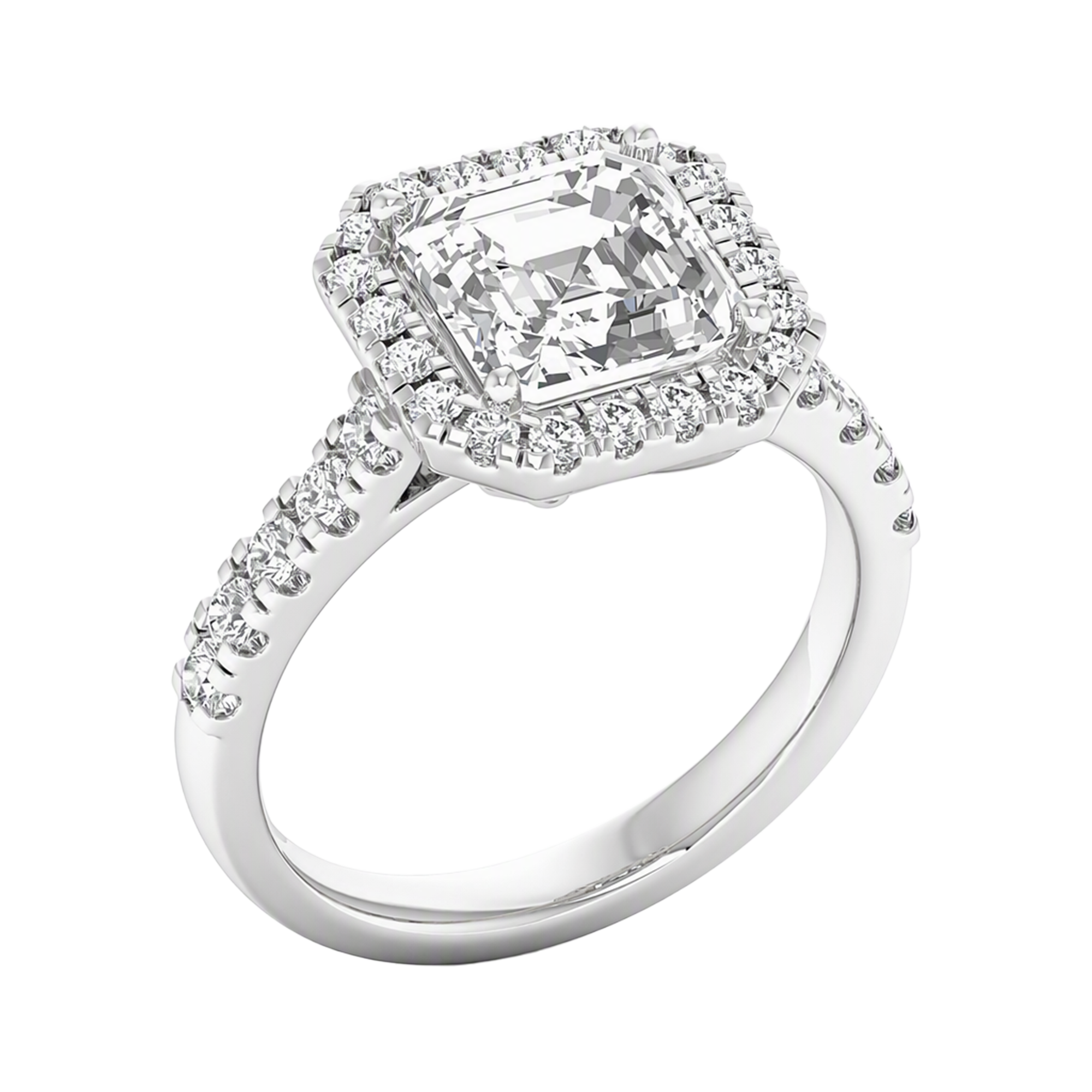Asscher Halo Ring with Pavé Band 0.8–3.73 Carat