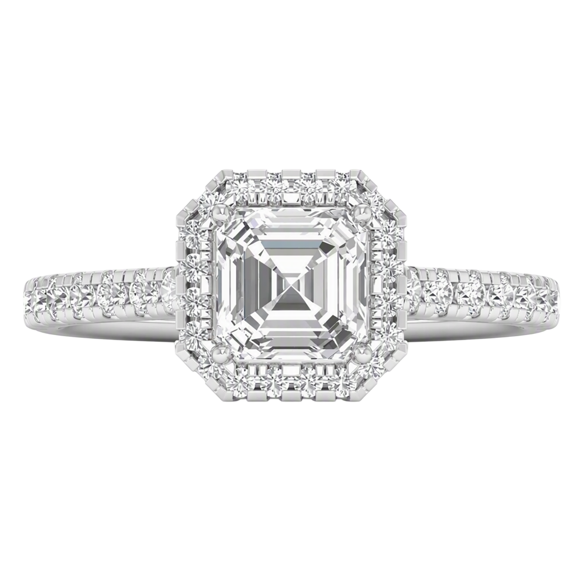 Asscher Halo Ring with Pavé Band 0.8–3.73 Carat