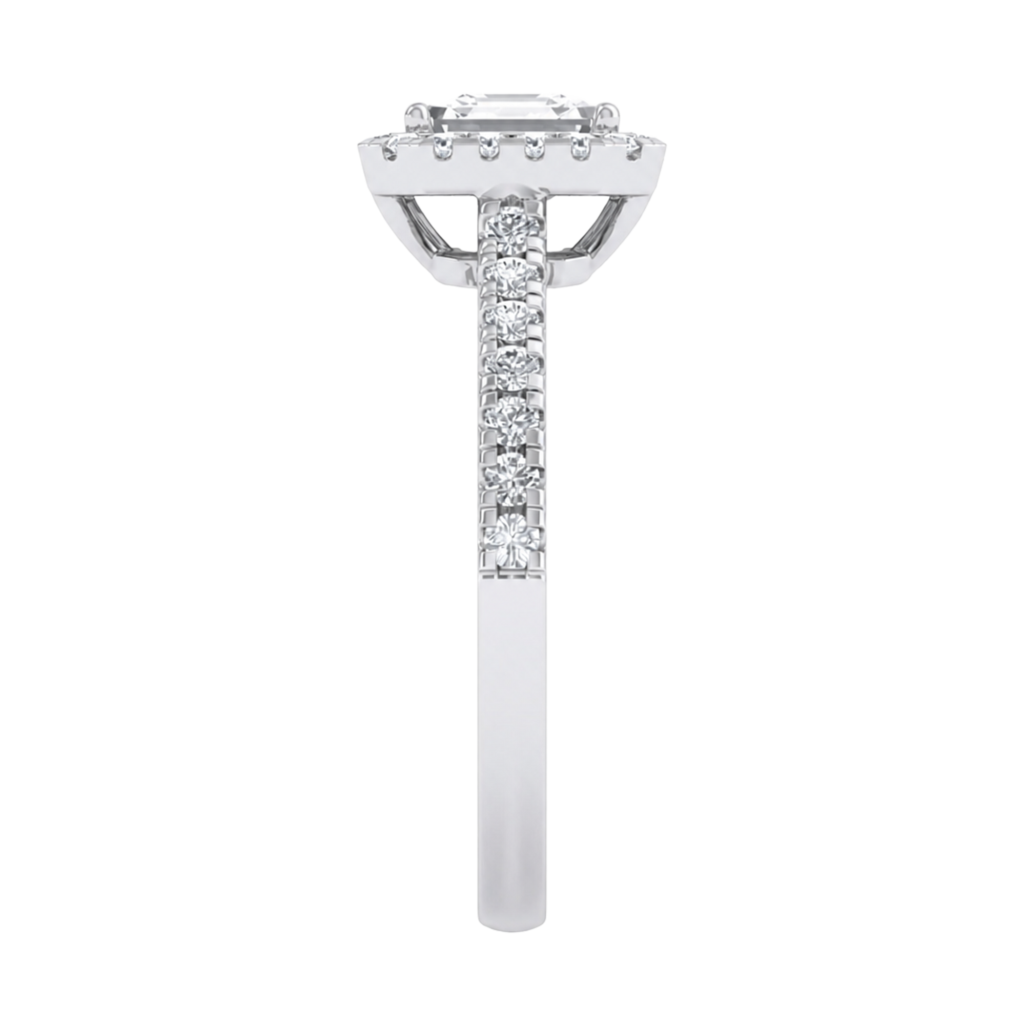 Asscher Halo Ring with Pavé Band 0.8–3.73 Carat