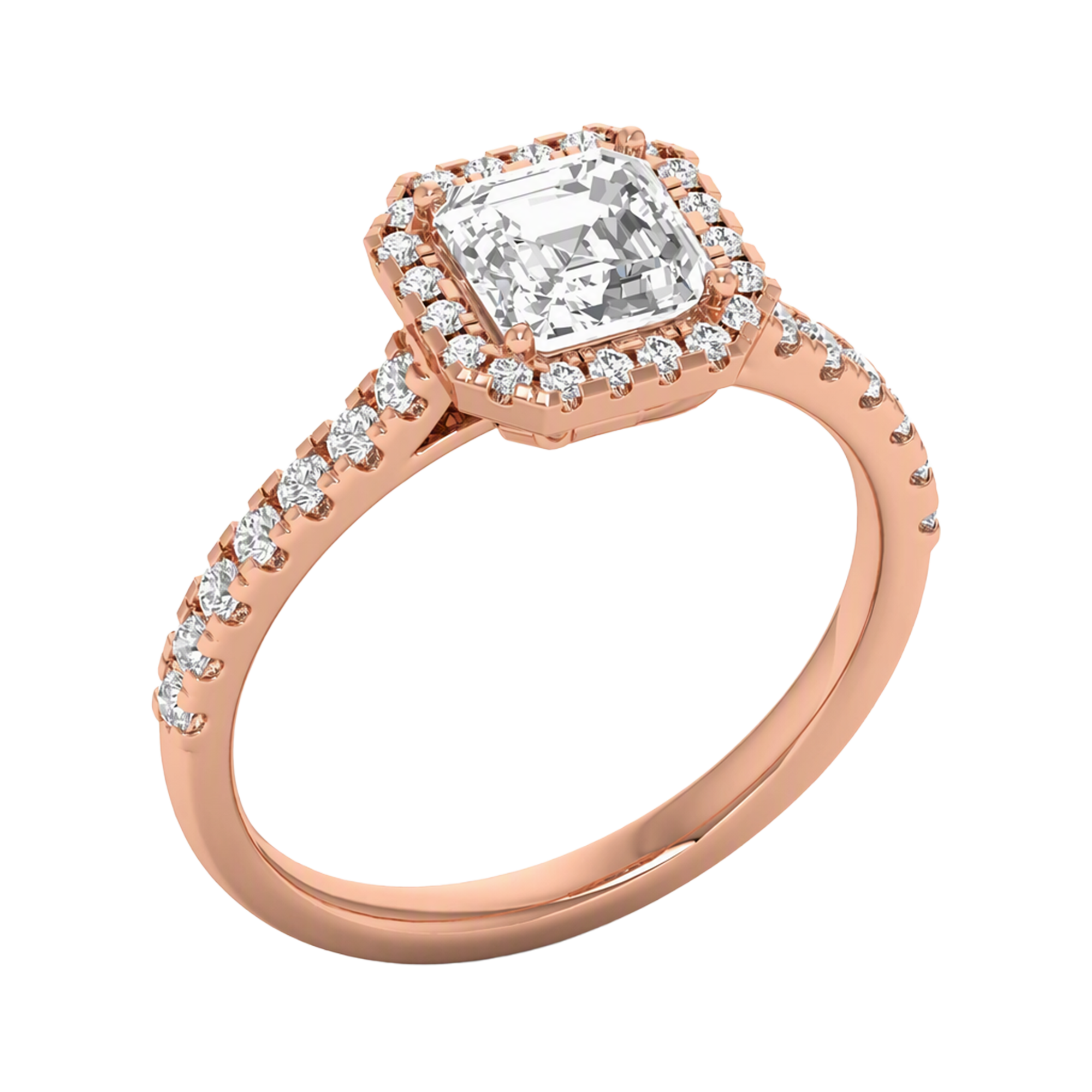 Asscher Halo Ring with Pavé Band 0.8–3.73 Carat