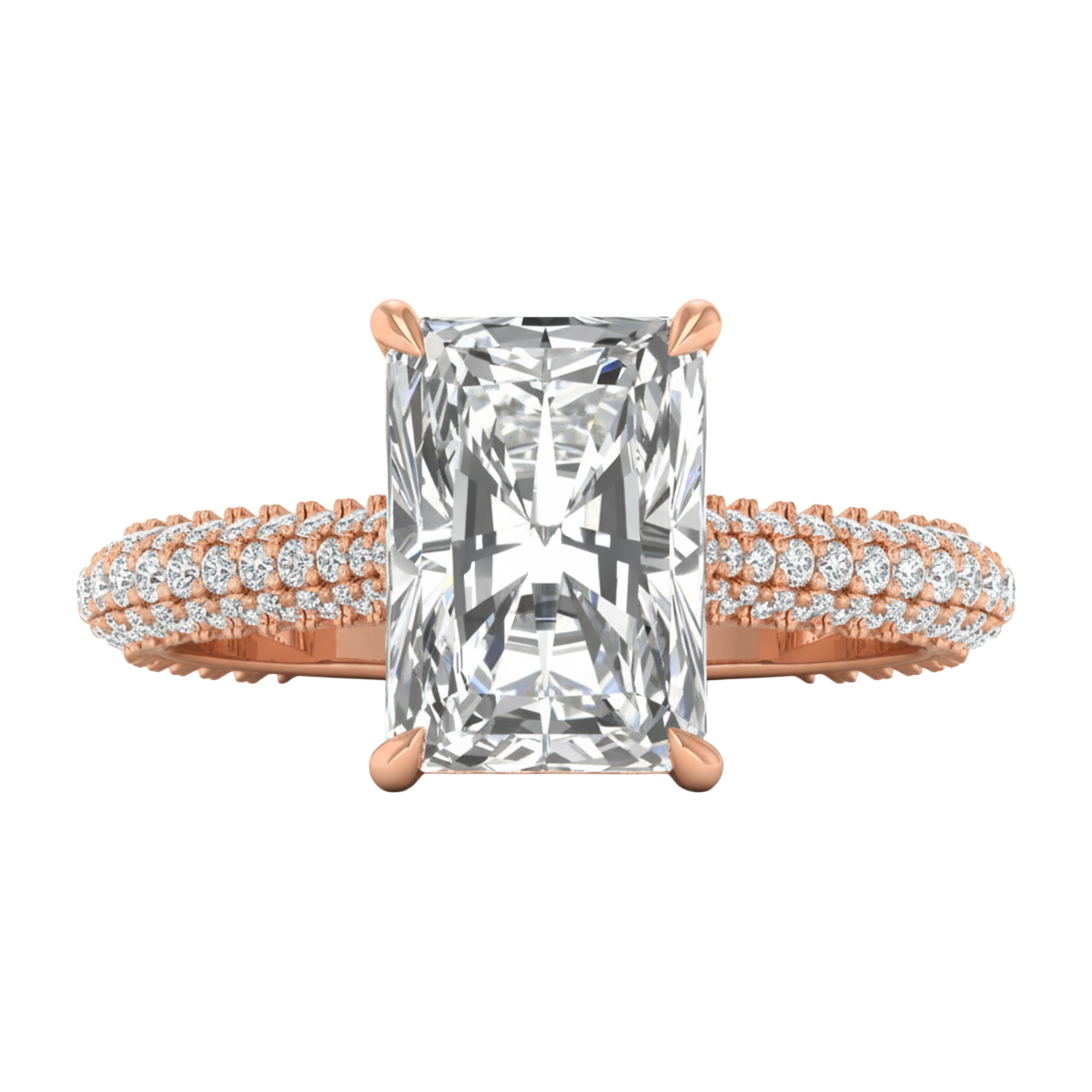 3,88 karaat radiant solitaire pave ring met hidden halo