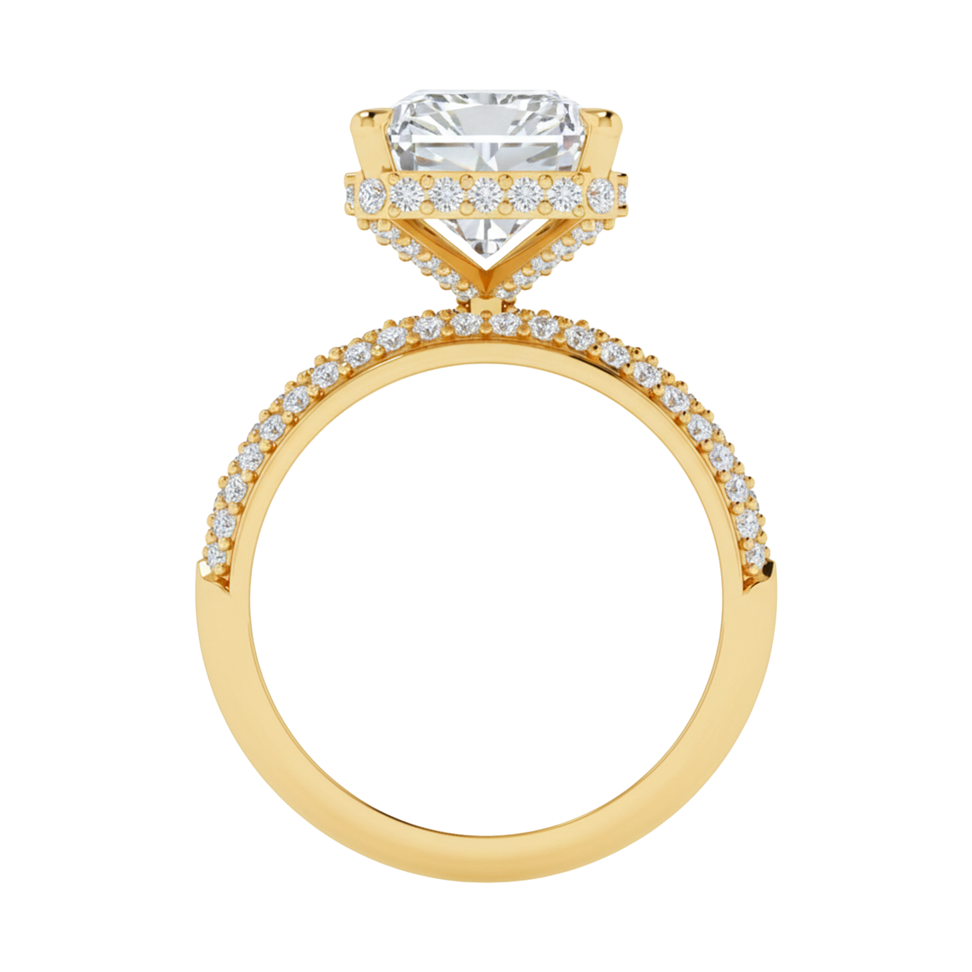 4,68 karaat lange radiant solitaire pave ring met hidden halo en meerdere rijen pave