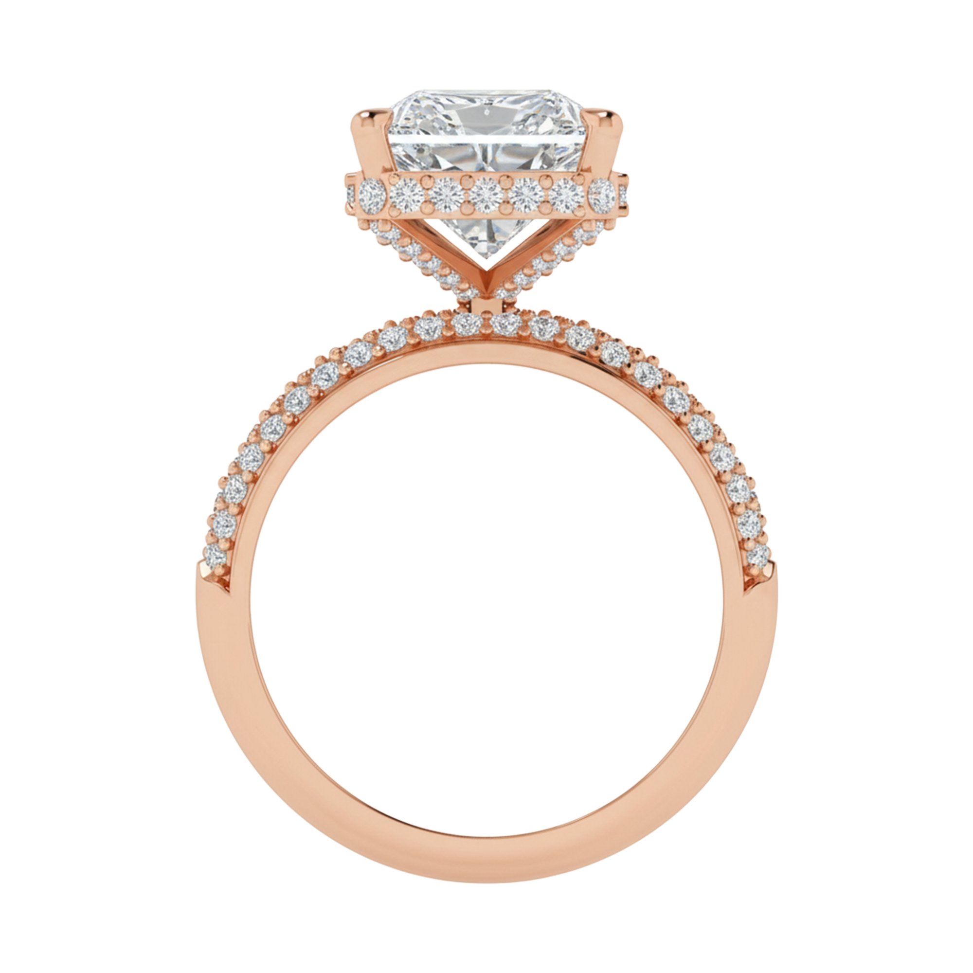 4,68 karaat lange radiant solitaire pave ring met hidden halo en meerdere rijen pave