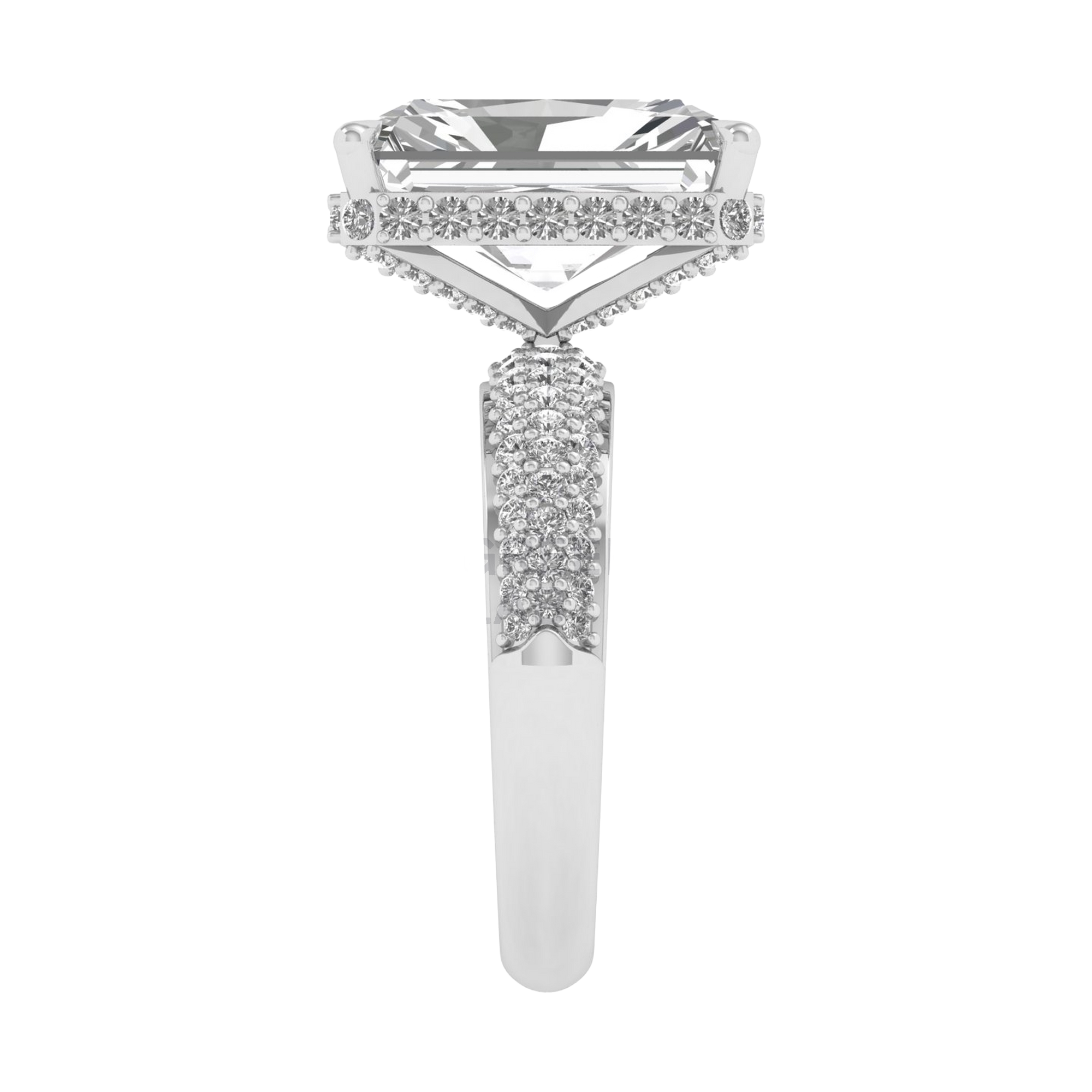 4,68 karaat lange radiant solitaire pave ring met hidden halo en meerdere rijen pave