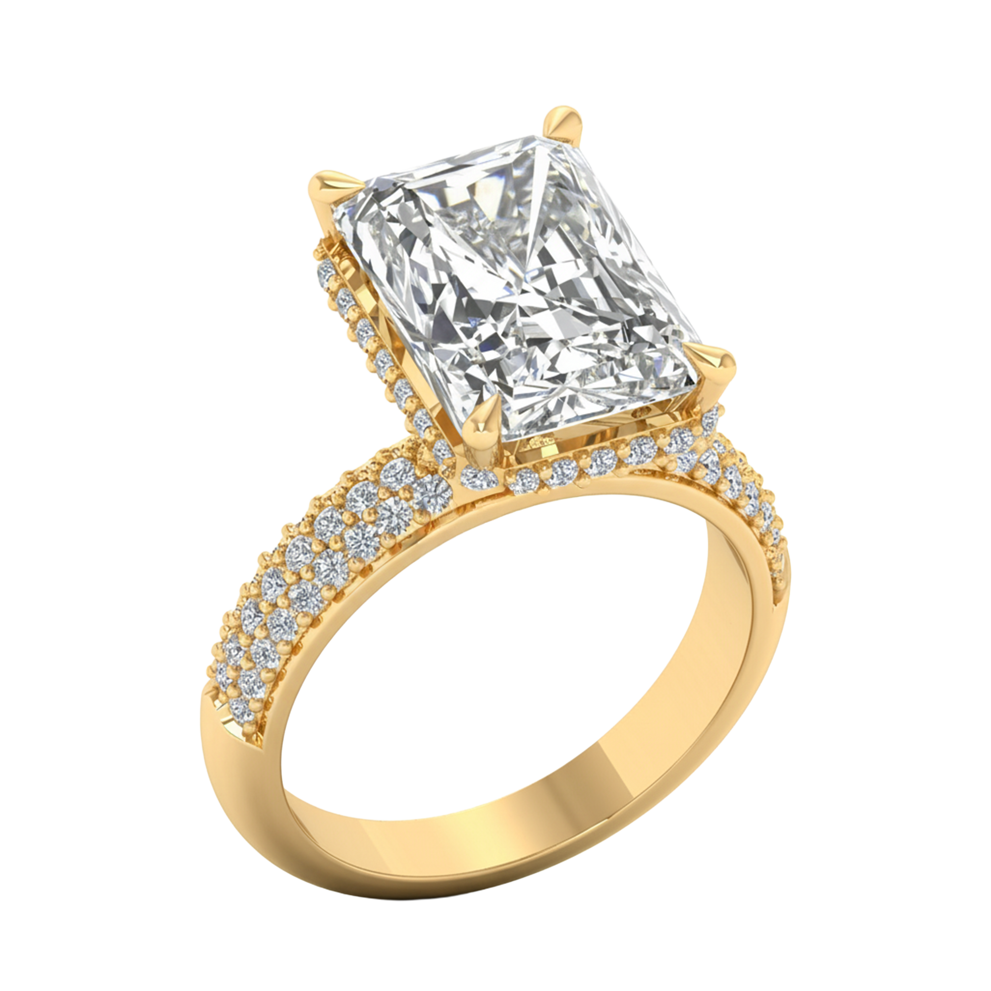4,68 karaat lange radiant solitaire pave ring met hidden halo en meerdere rijen pave