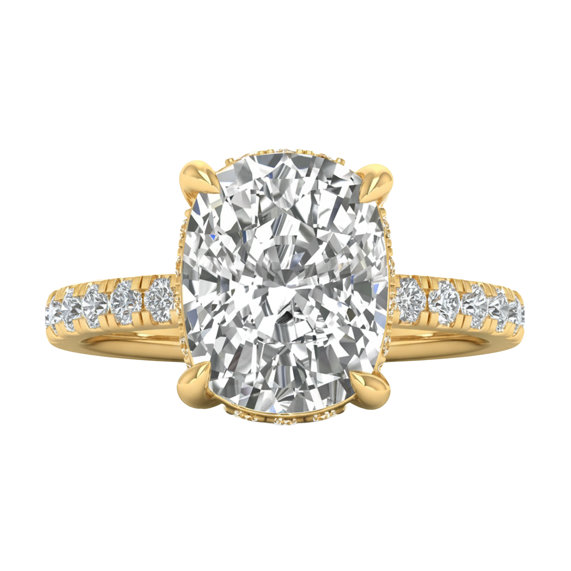 4.66 karaat cushion solitaire‑pavé ring met verfijnde hidden‑halo rand