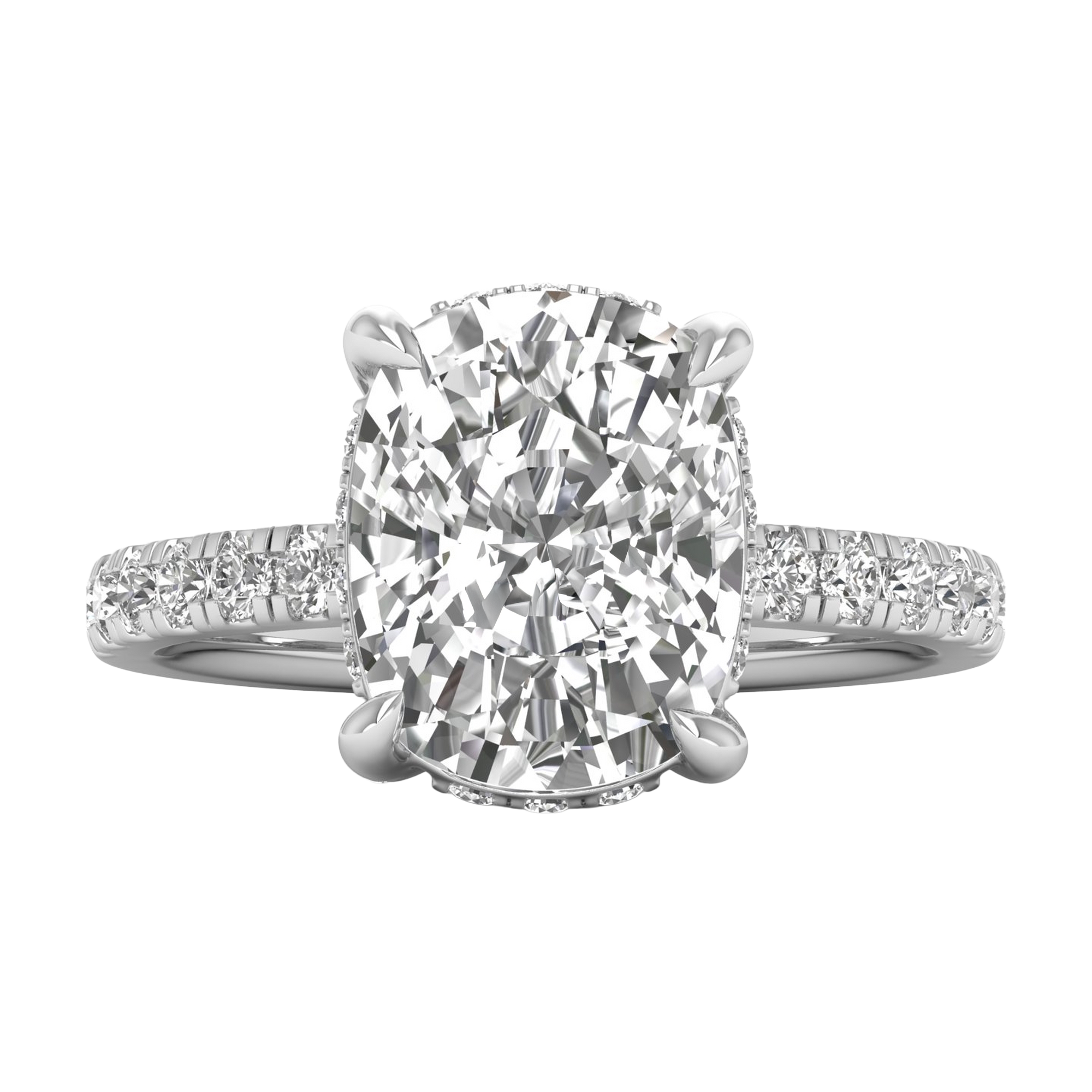 4.66 karaat cushion solitaire‑pavé ring met verfijnde hidden‑halo rand