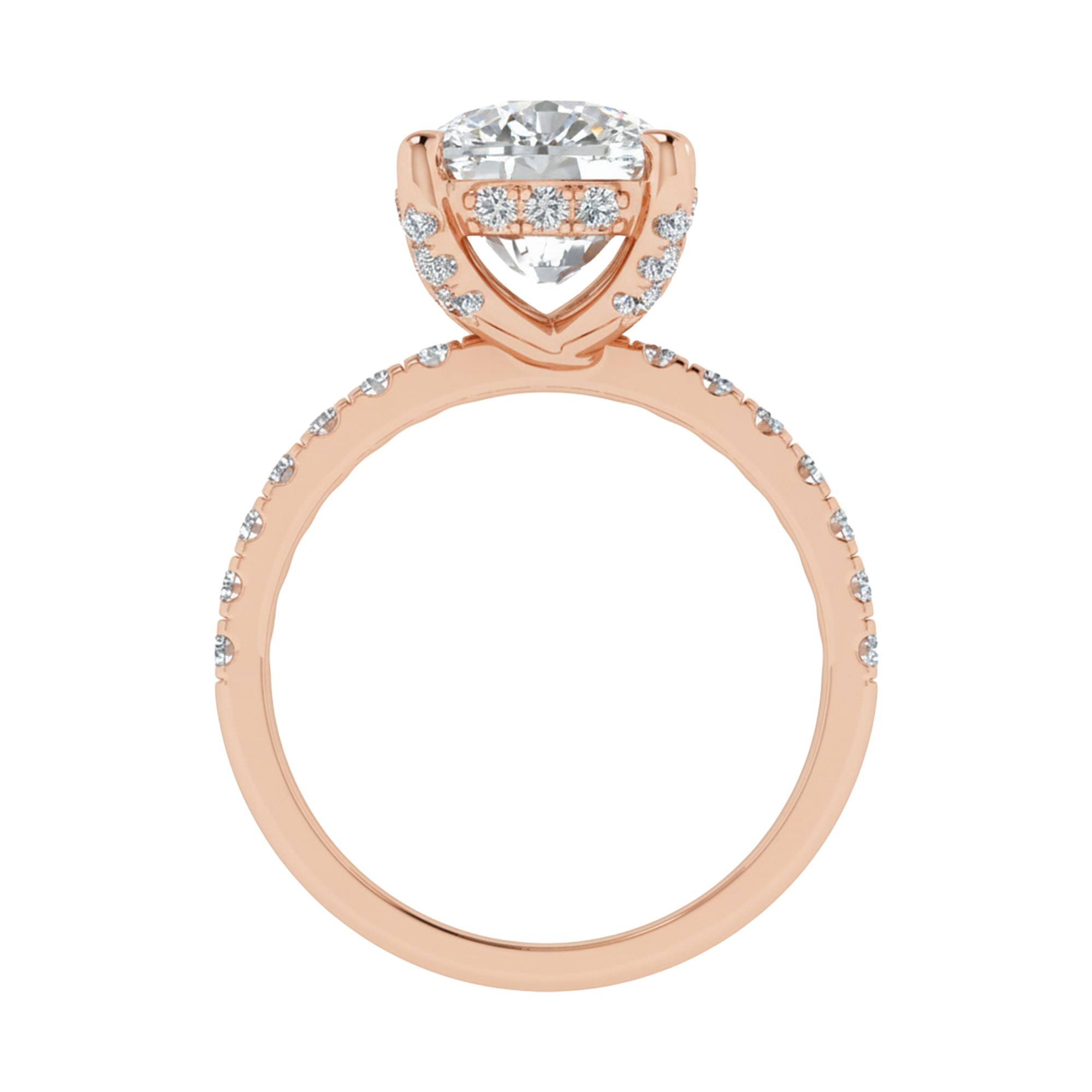 4.66 karaat cushion solitaire‑pavé ring met verfijnde hidden‑halo rand