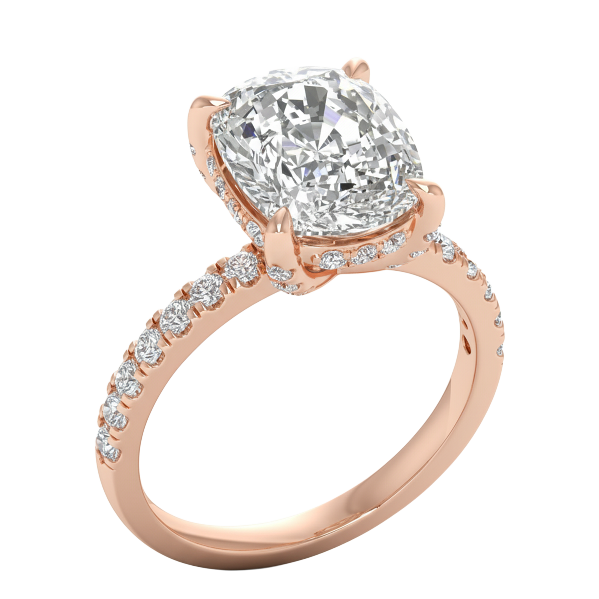 4.66 karaat cushion solitaire‑pavé ring met verfijnde hidden‑halo rand