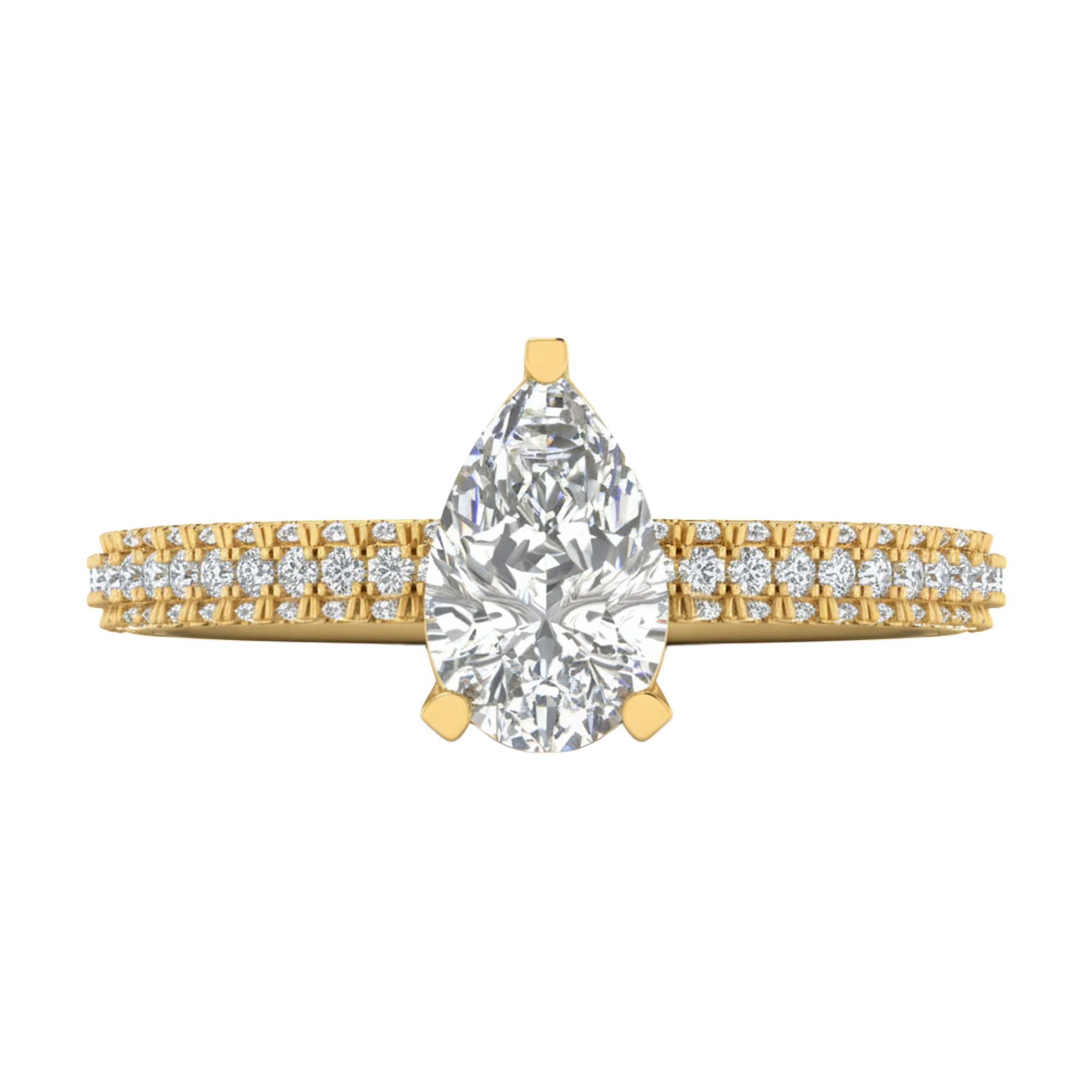 1.5 karaat solitaire pave ring met peer center diamant met ronde dubbele zetting in de band