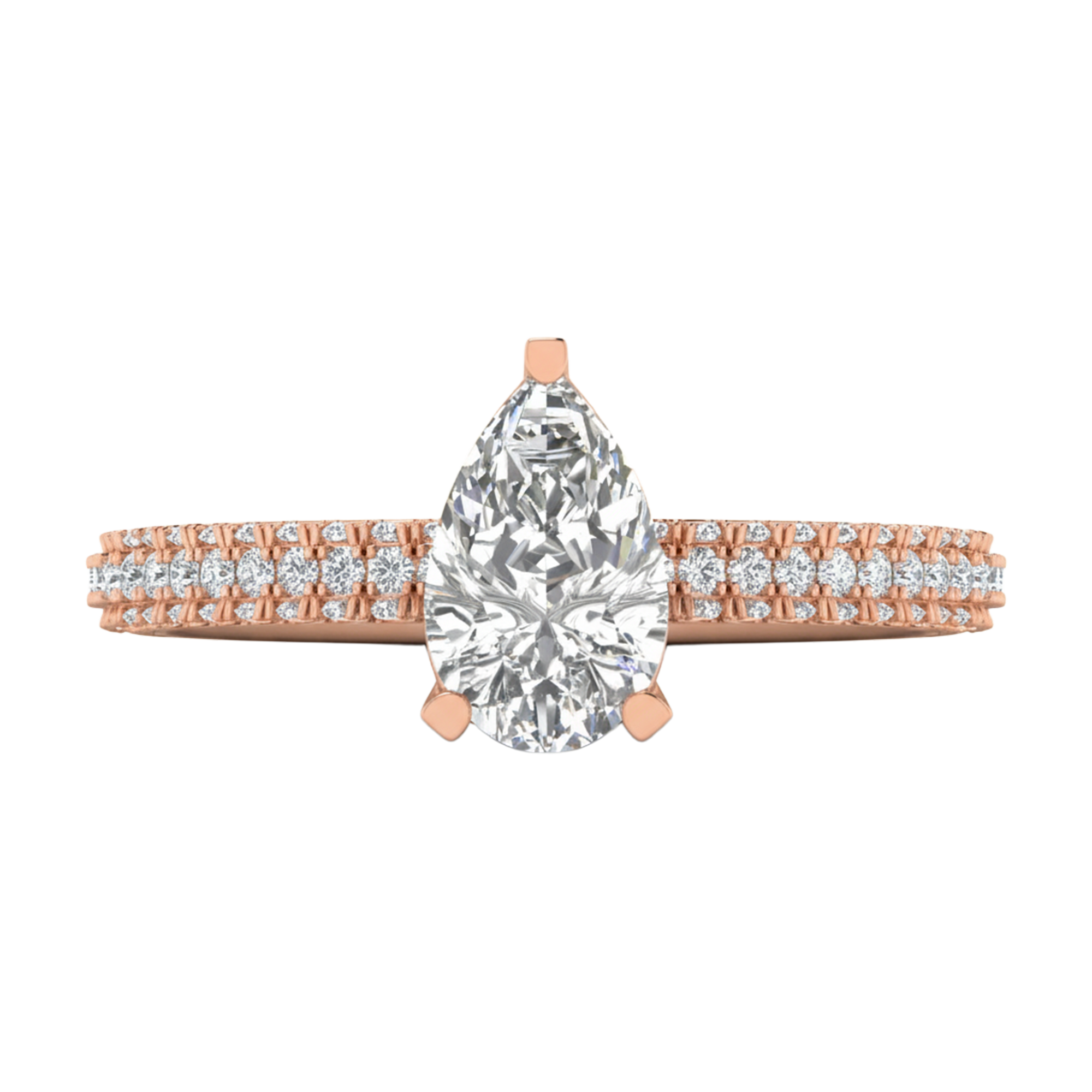1.5 karaat solitaire pave ring met peer center diamant met ronde dubbele zetting in de band