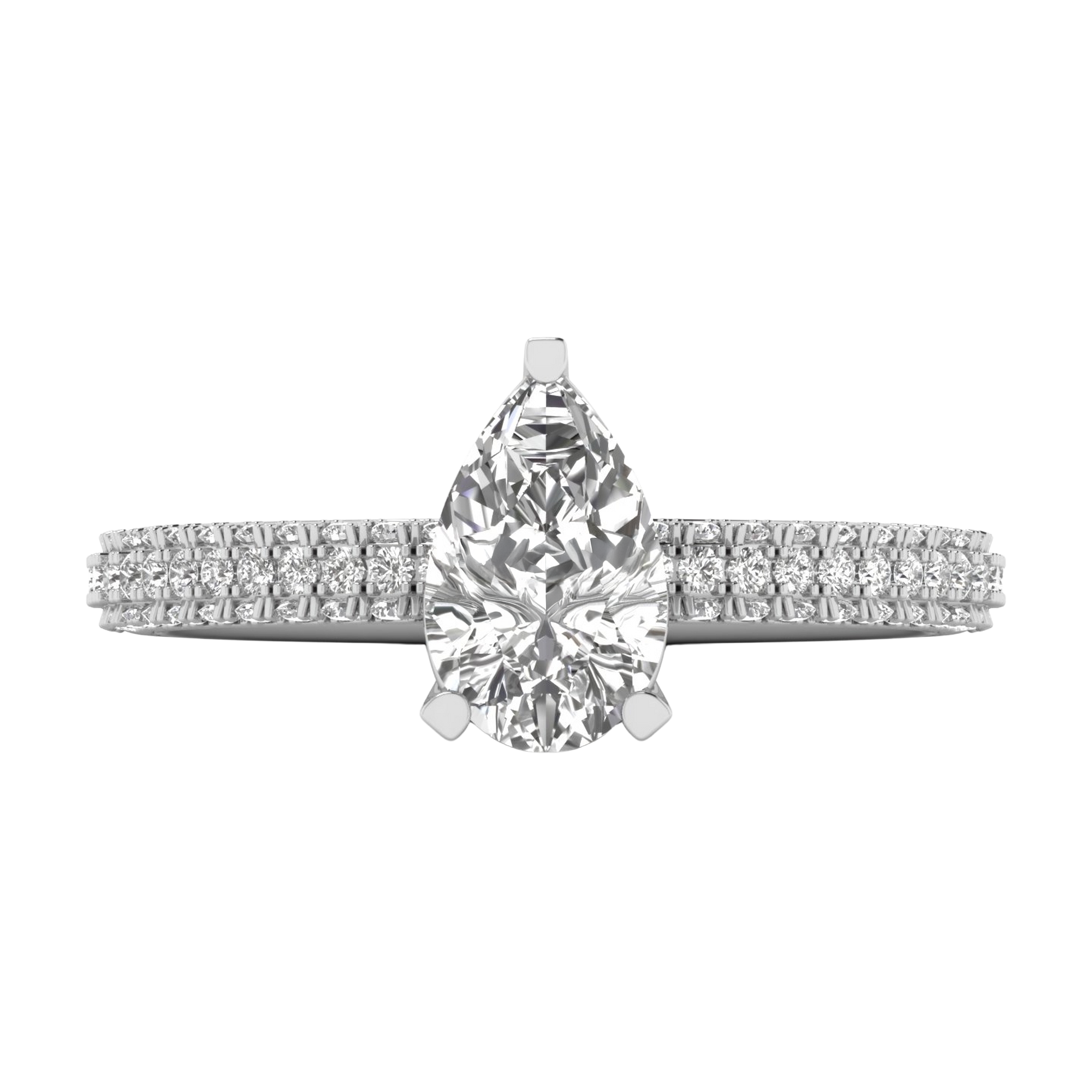 1.5 karaat solitaire pave ring met peer center diamant met ronde dubbele zetting in de band