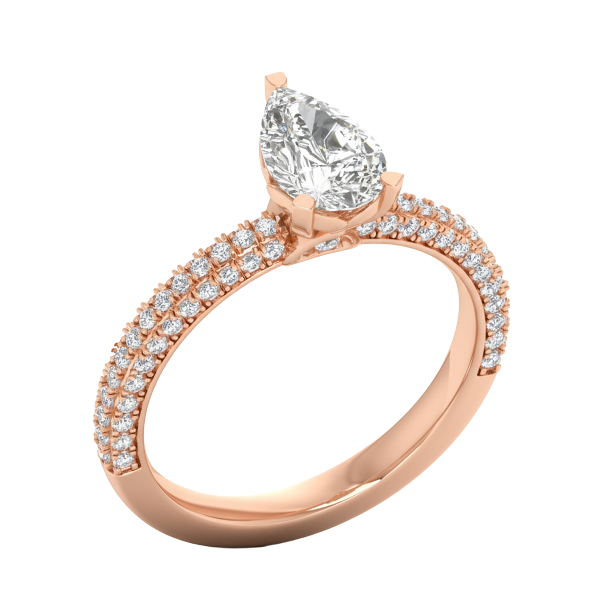1.5 karaat solitaire pave ring met peer center diamant met ronde dubbele zetting in de band