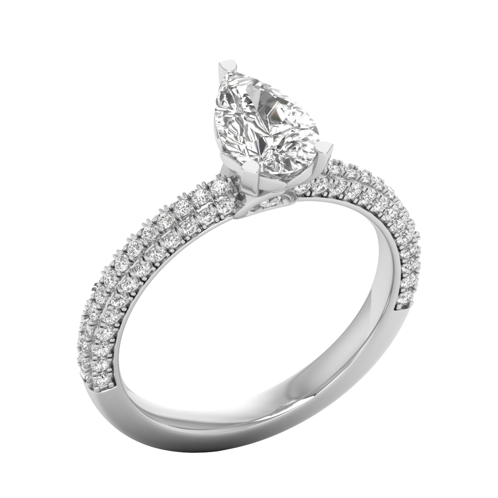 1.5 karaat solitaire pave ring met peer center diamant met ronde dubbele zetting in de band
