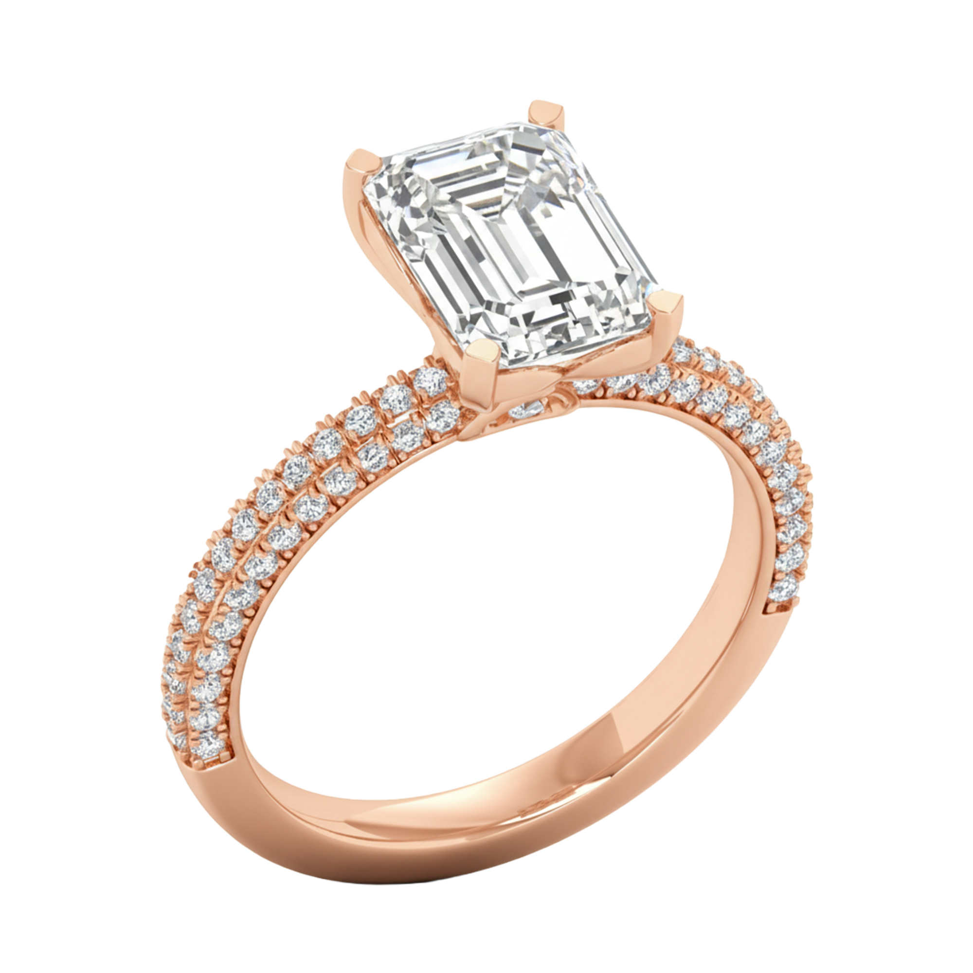 3,5 karaat 4 prong solitaire emerald pave ring met ronde diamanten in de band