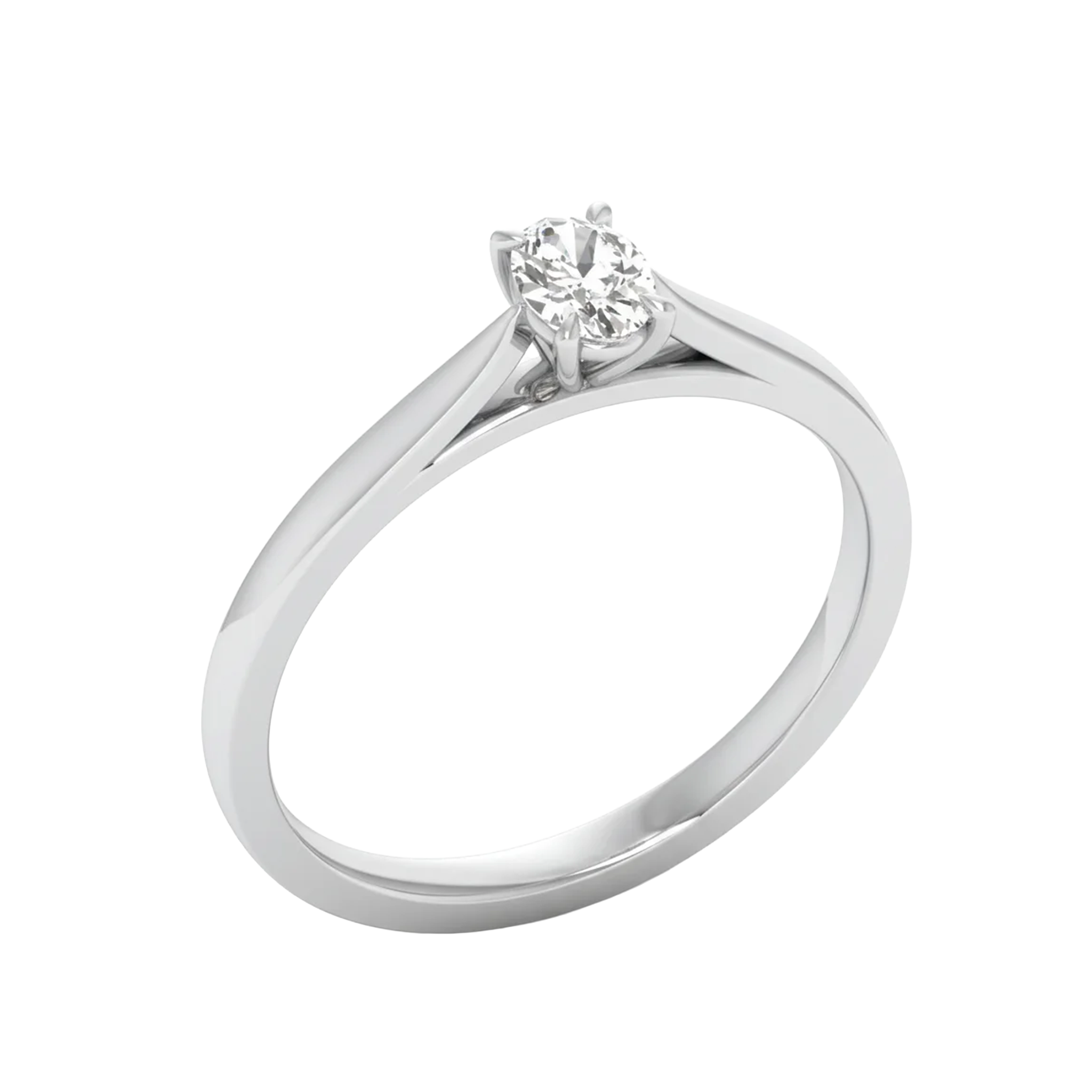 Ovale Solitaire Ring met 4‑Poots Zetting en Flat‑Rectangular Band 0,25–3 karaat