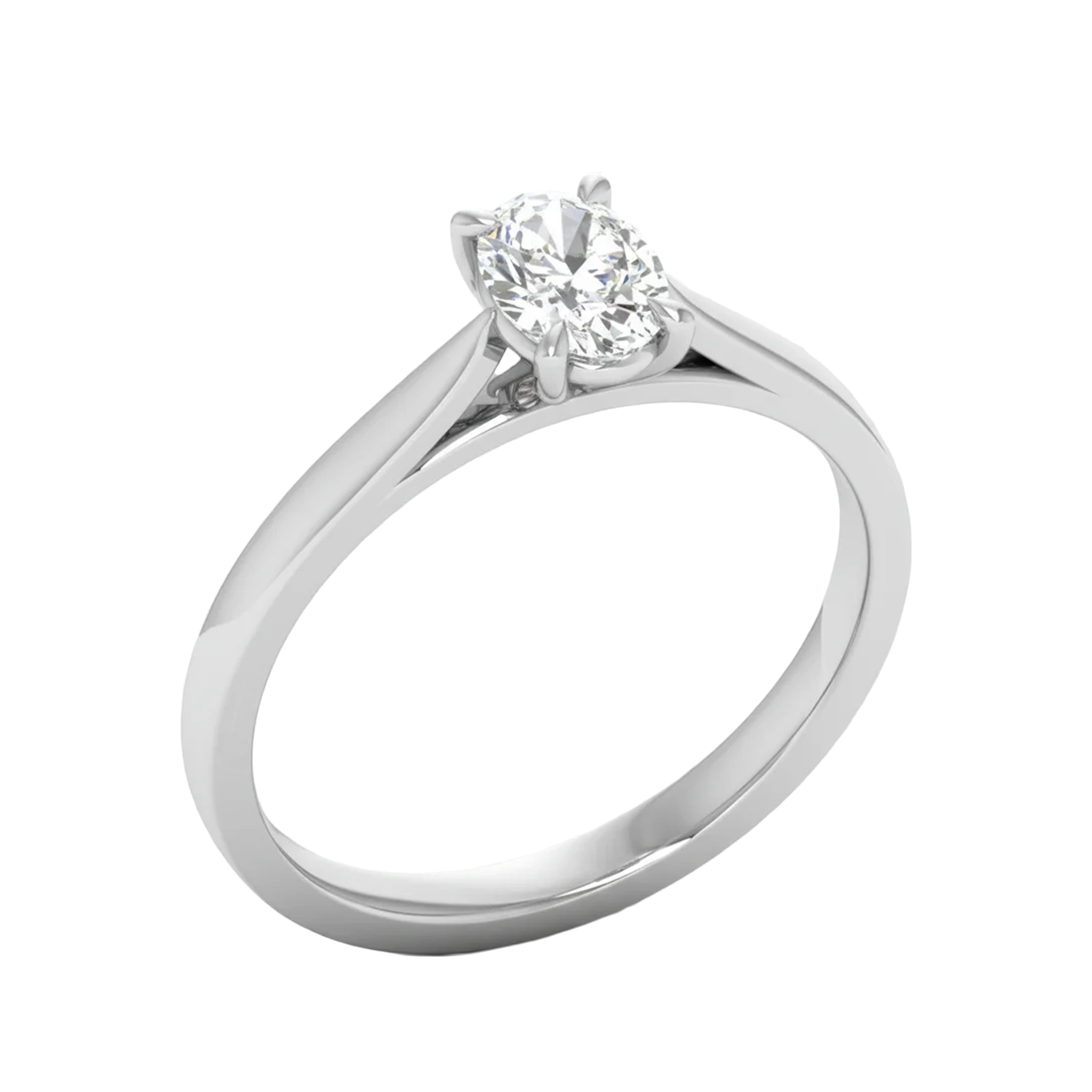 Ovale Solitaire Ring met 4‑Poots Zetting en Flat‑Rectangular Band 0,25–3 karaat