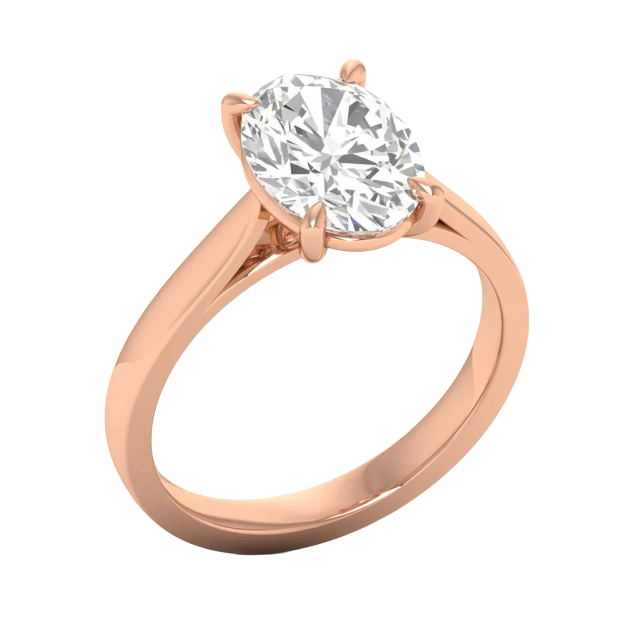 Ovale Solitaire Ring met 4‑Poots Zetting en Flat‑Rectangular Band 0,25–3 karaat