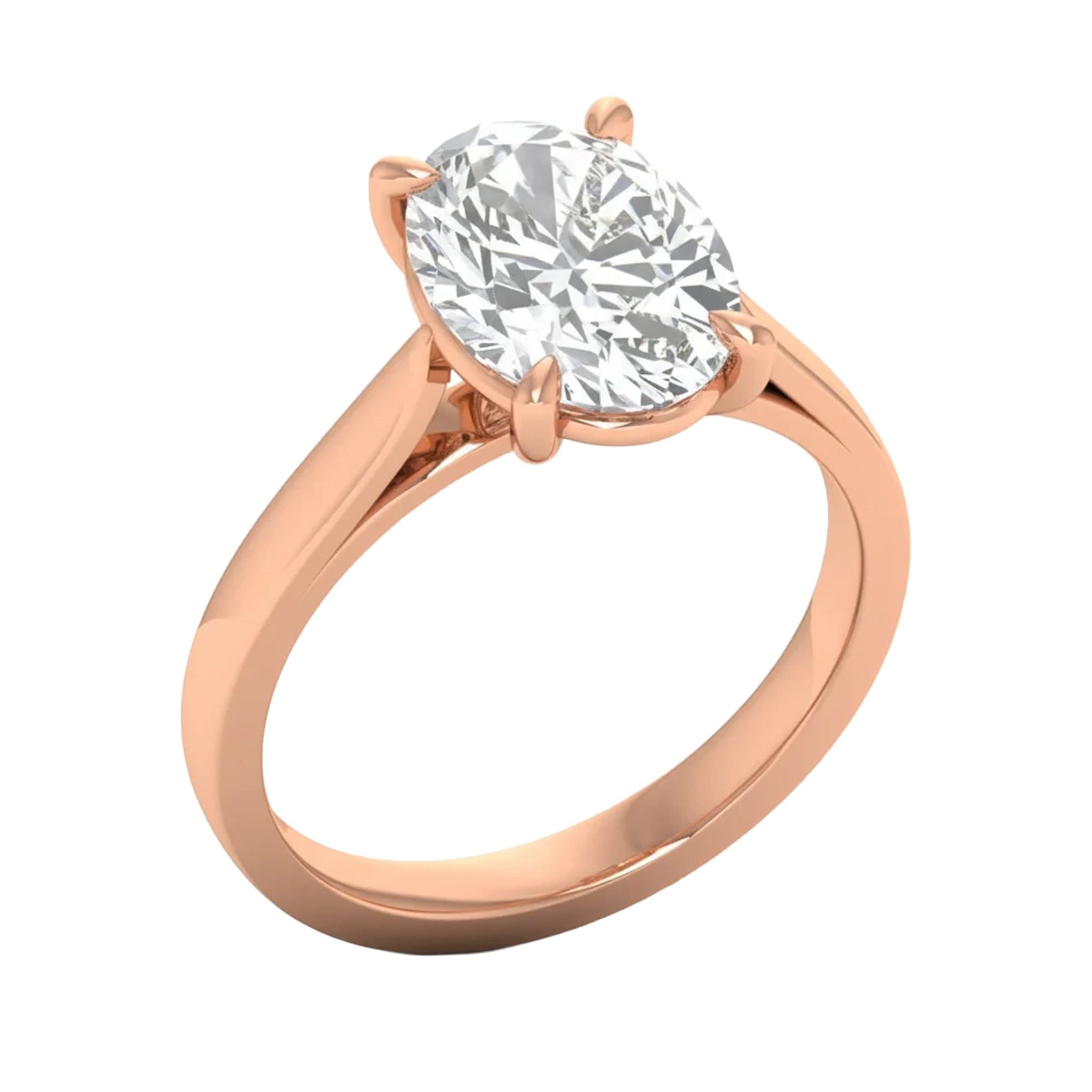 Ovale Solitaire Ring met 4‑Poots Zetting en Flat‑Rectangular Band 0,25–3 karaat