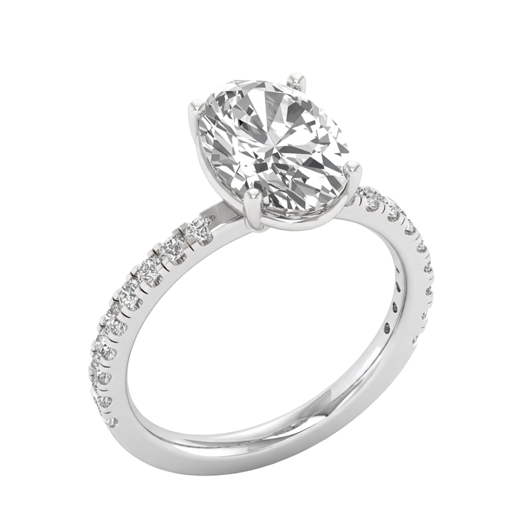 2.9 karaat ovale solitaire‑pavé ring met verfijnde rechte pavé‑schouder