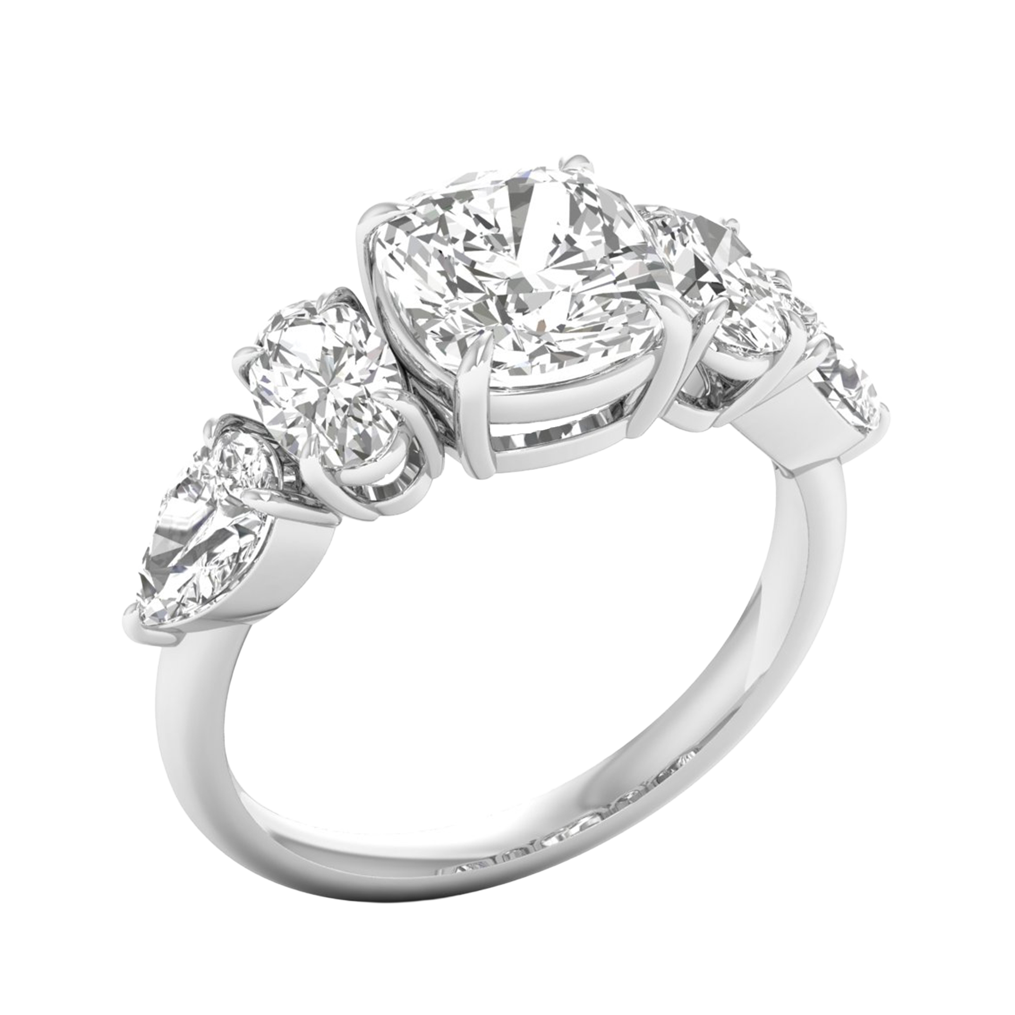 Vijf‑stenen ring met cushion, peer en ovale diamanten 3,68 karaat