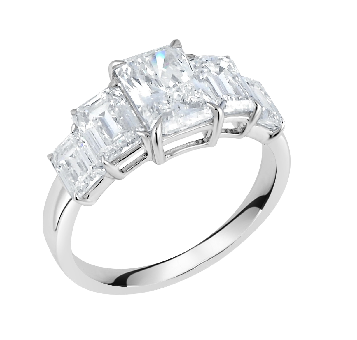 Vijf‑stenen ring met emerald en lang radiant diamanten 3,83 karaat