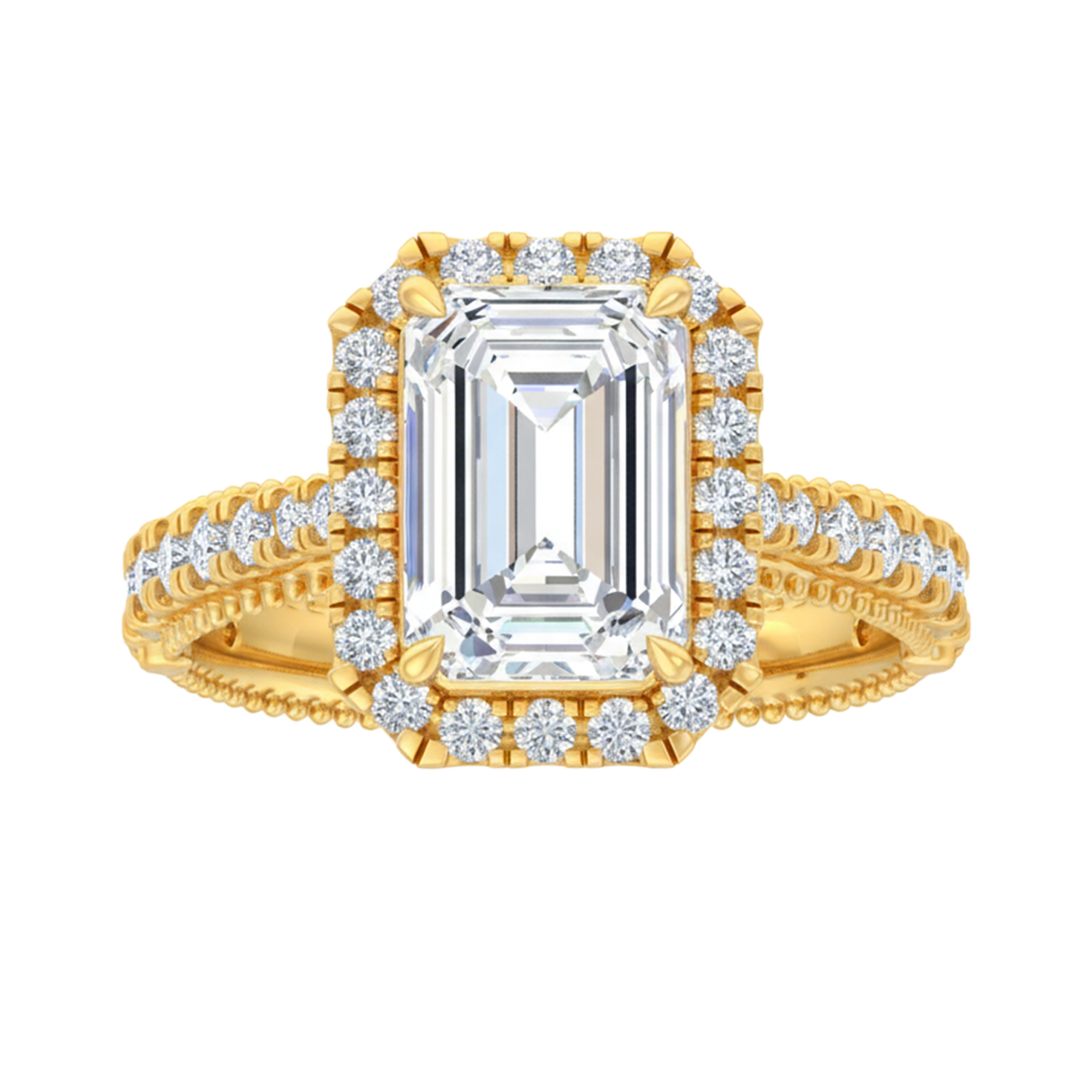 Emerald halo ring met pavé band 3,94 karaat