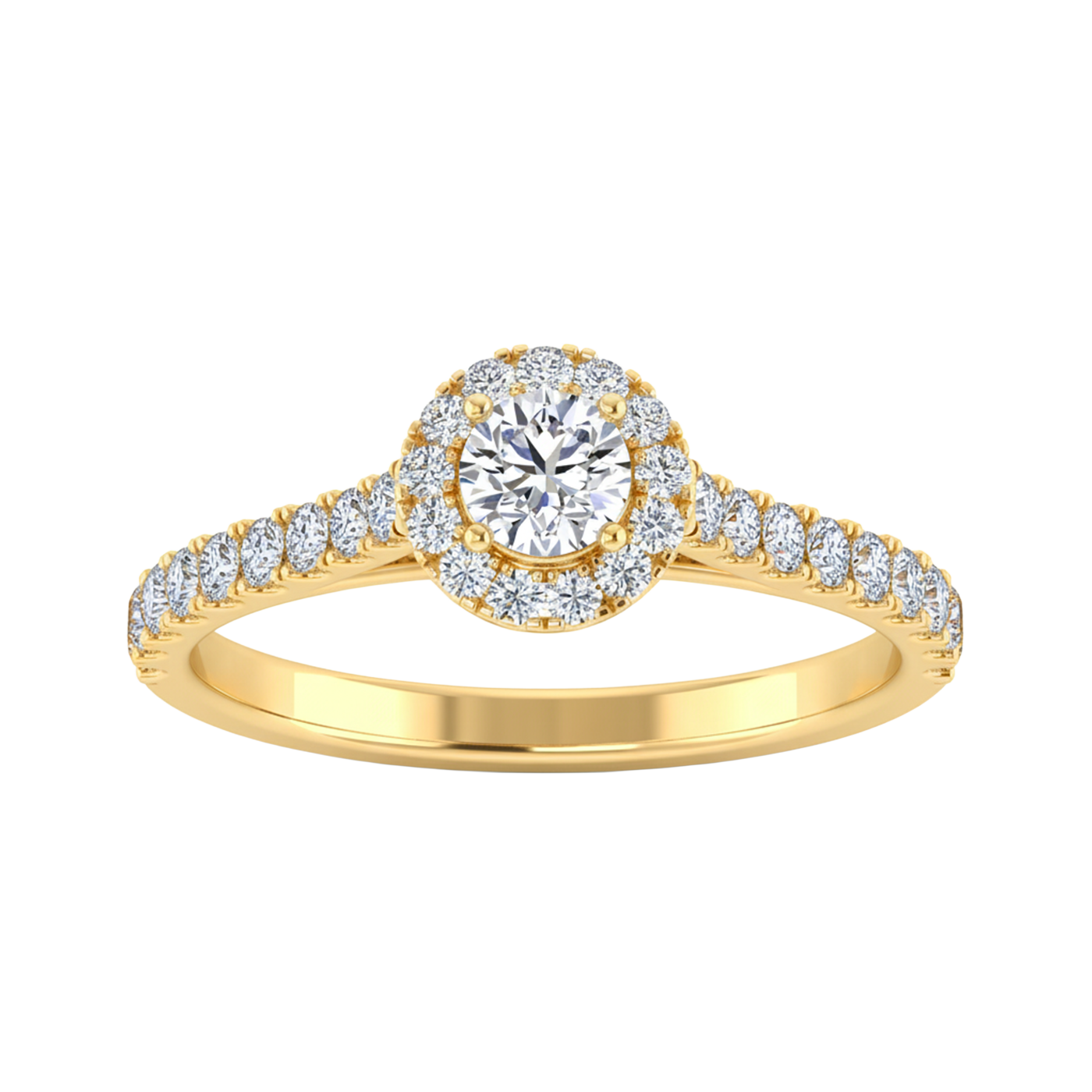 Rond cut halo ring met side split band en pavé omlijsting 0,95 - 3,65 karaat