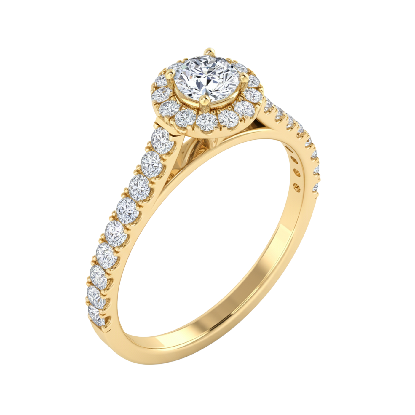 Rond cut halo ring met side split band en pavé omlijsting 0,95 - 3,65 karaat