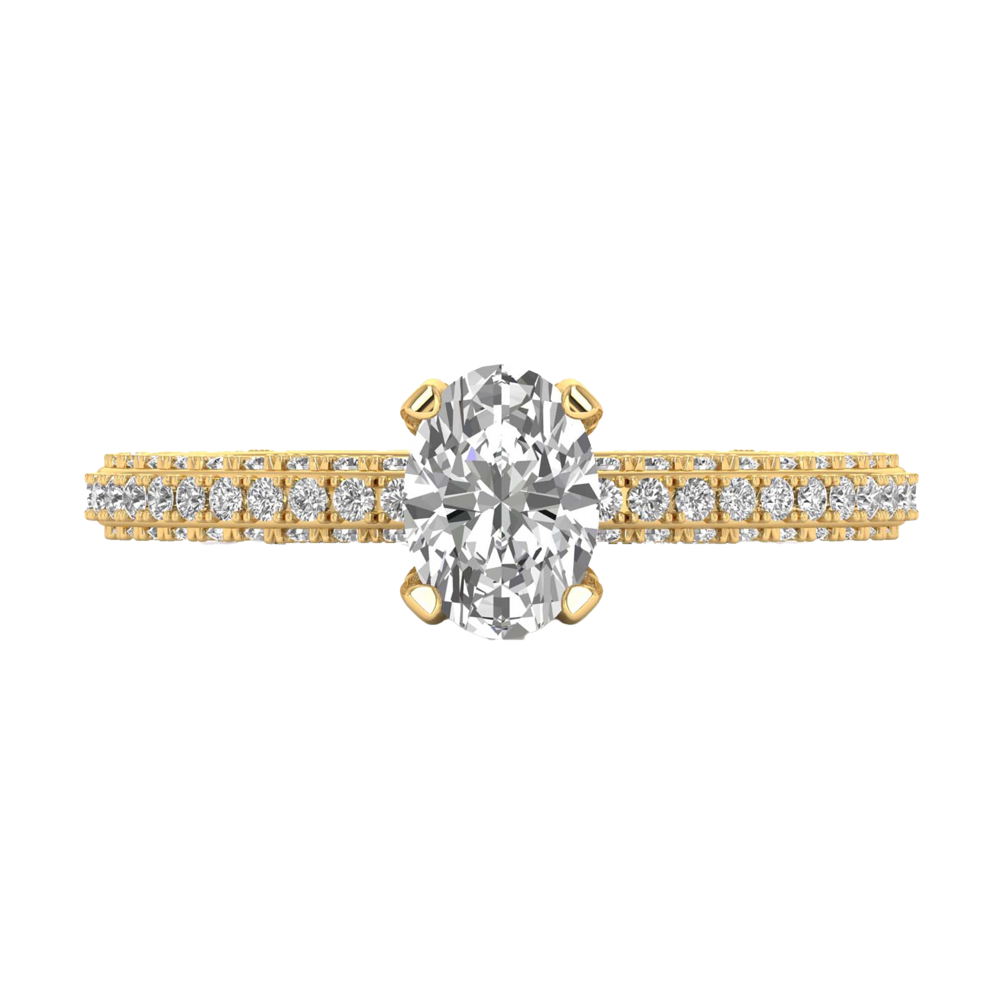 Ovaal 1.2 karaat solitair met hidden halo, pavé‑band en hoekaccenten