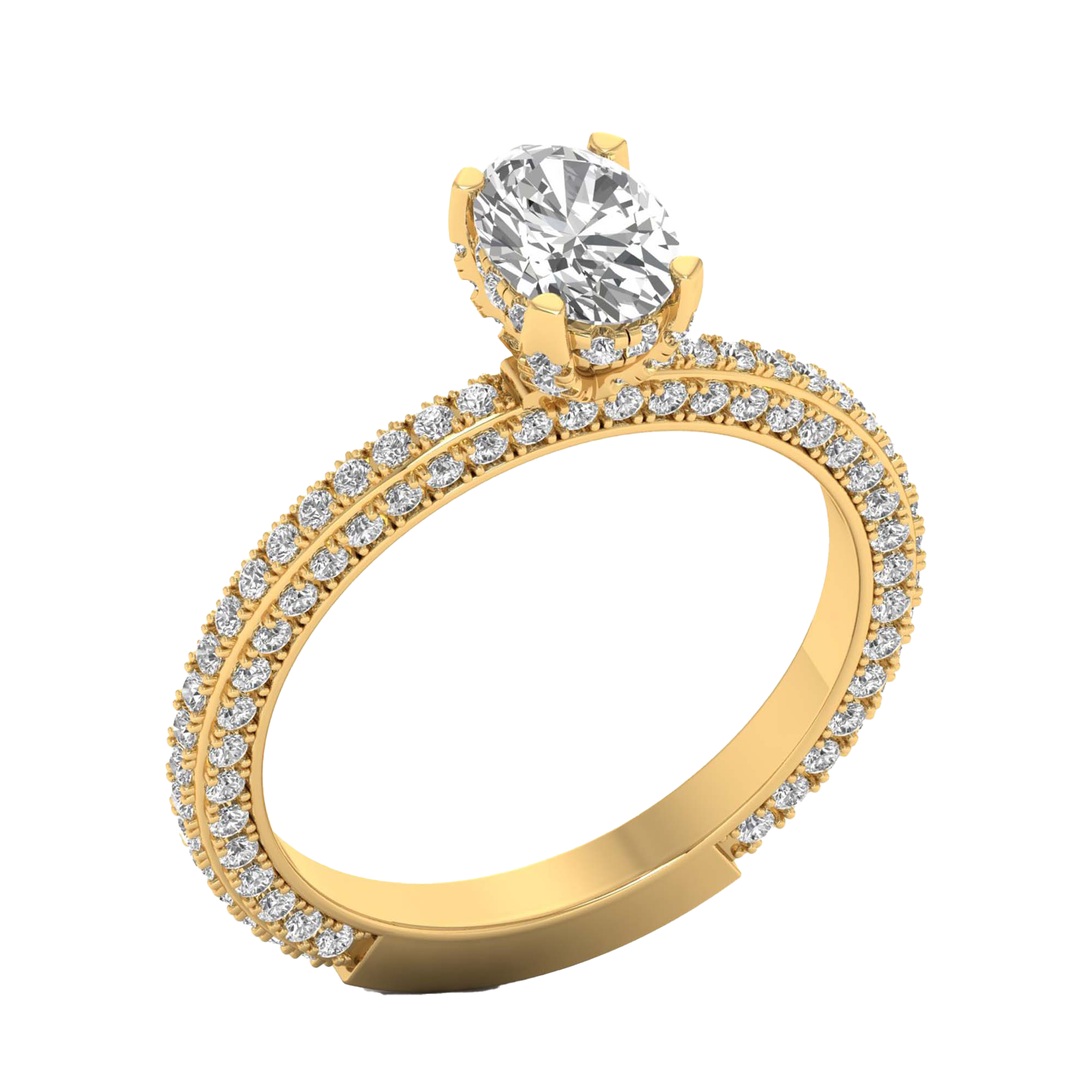 Ovaal 1.2 karaat solitair met hidden halo, pavé‑band en hoekaccenten