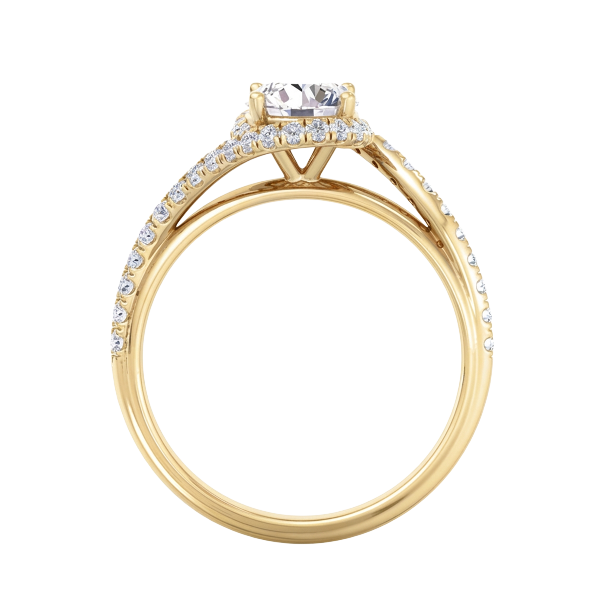 Ronde 1.46 karaat split‑shank pavé ring met omvattende schouderlijnen