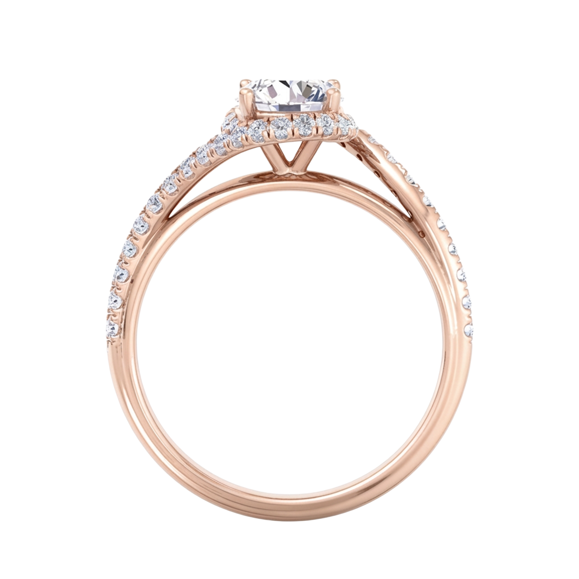 Ronde 1.46 karaat split‑shank pavé ring met omvattende schouderlijnen